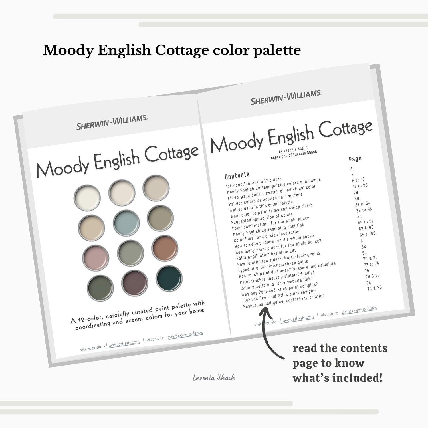 Moody English Cottage interior design color scheme with Sherwin Williams paint palette. Whole house colors for home with white, beige, greige, green, blue, brown, purple and blush pink. Interior design color scheme created by Lavenia Shash
