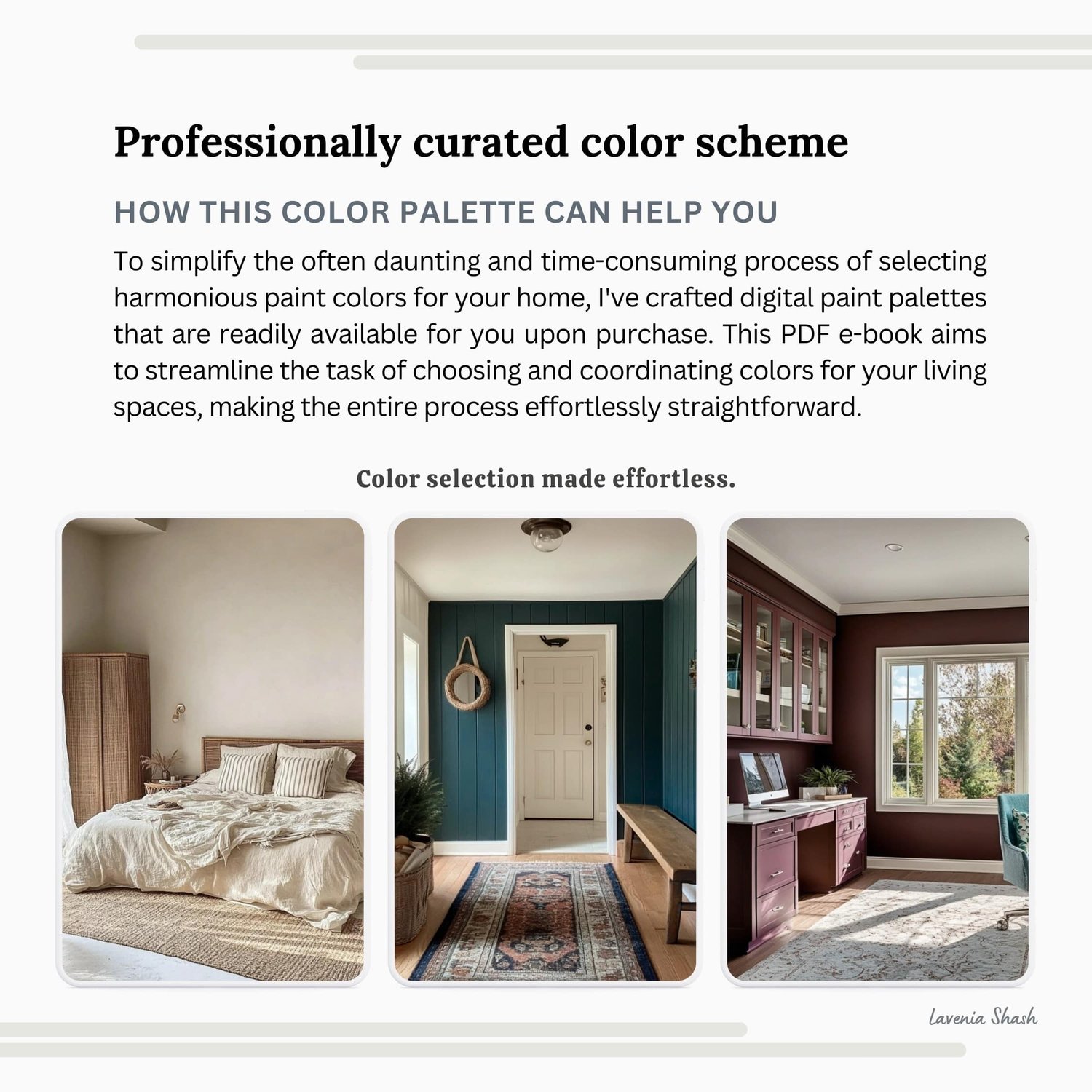 Moody English Cottage interior design color scheme with Sherwin Williams paint palette. Whole house colors for home with white, beige, greige, green, blue, brown, purple and blush pink. Interior design color scheme created by Lavenia Shash