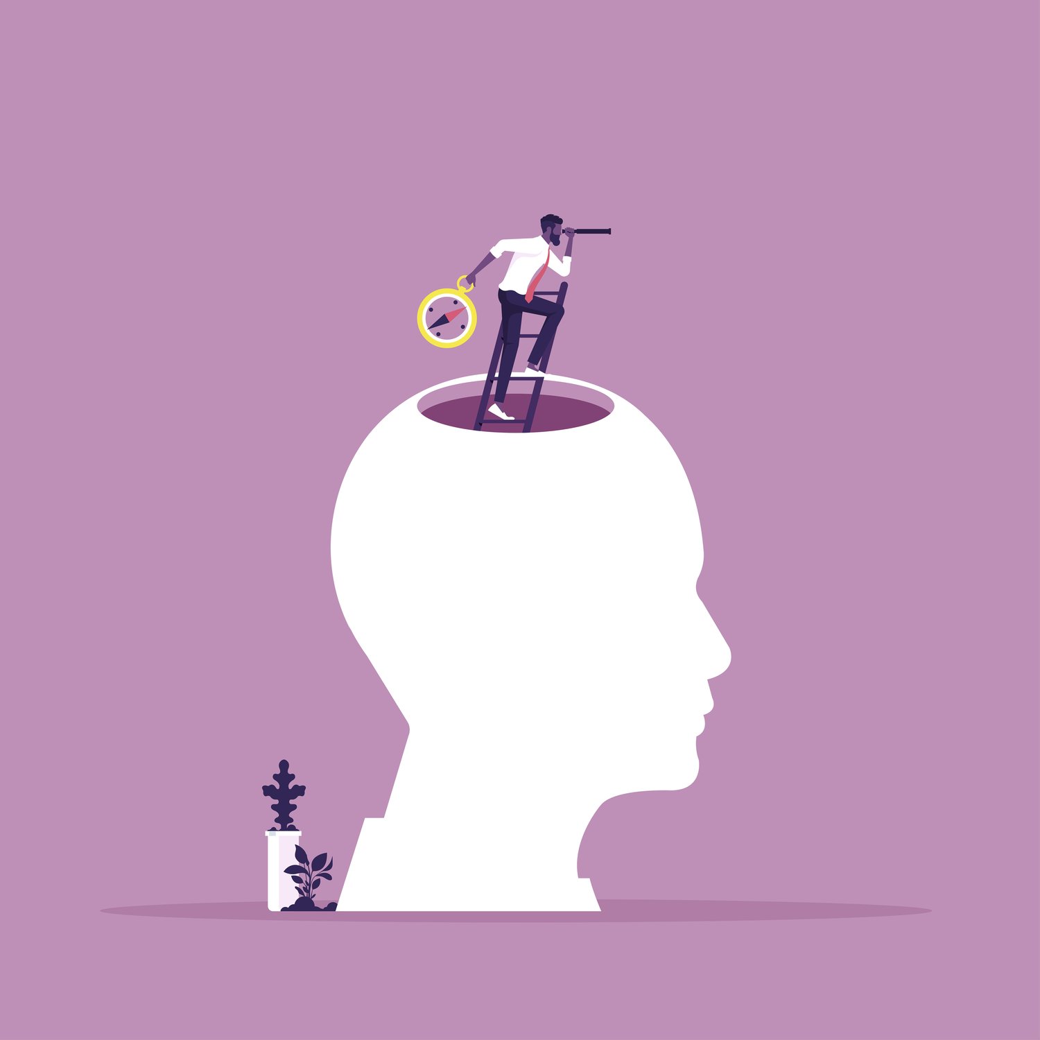 Vision d'un homme d'affaires à la recherche d'opportunités, de cap à suivre dans une lorgnette, debout sur le sommet de sa tête.