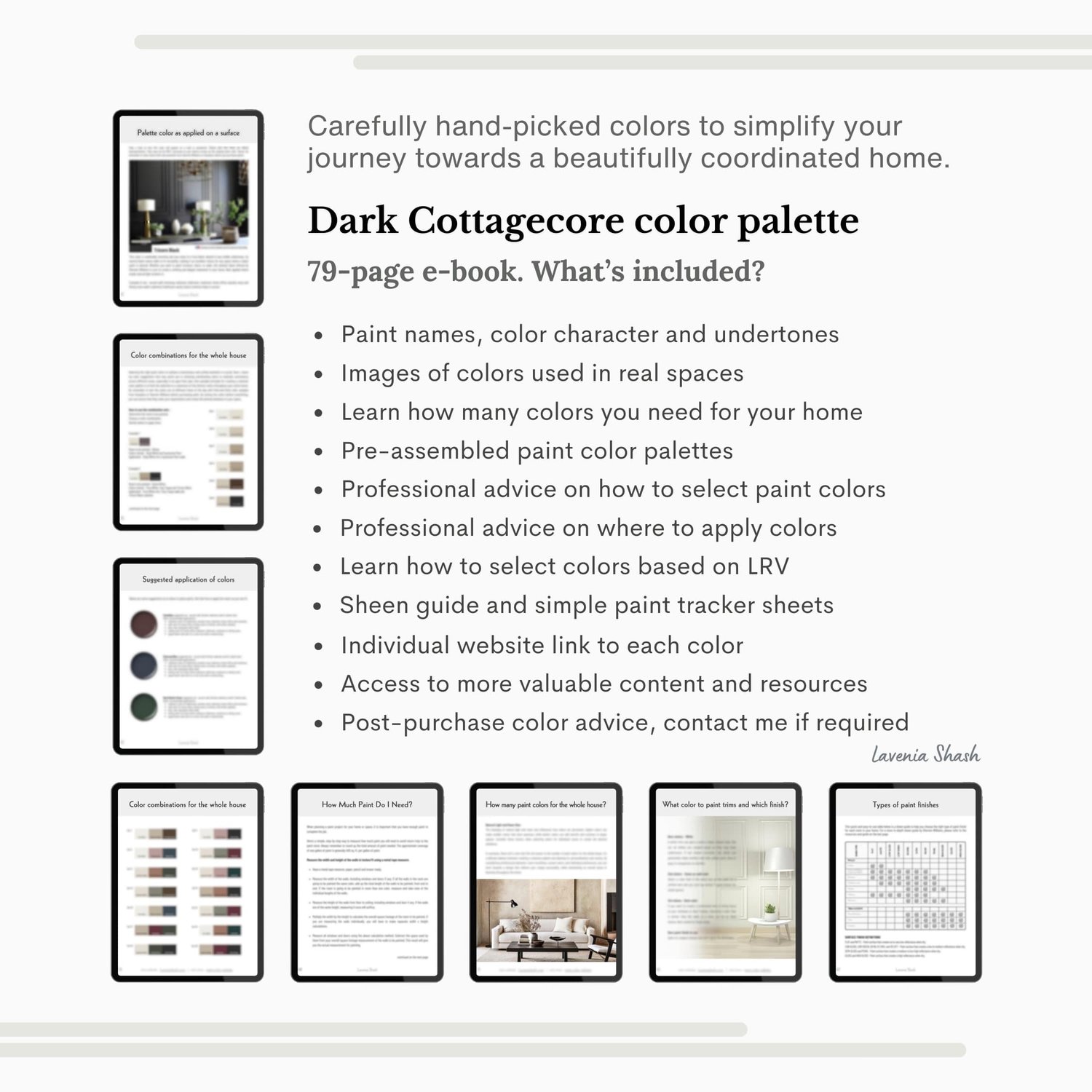 A dark cottagecore color palette with Sherwin Williams paints. The moody cottagegore, eclectic jewel tone color scheme includes white, beige, green, blue, mauve, burgundy, terracotta, brown and black. Curated and designed by Lavenia Shash.