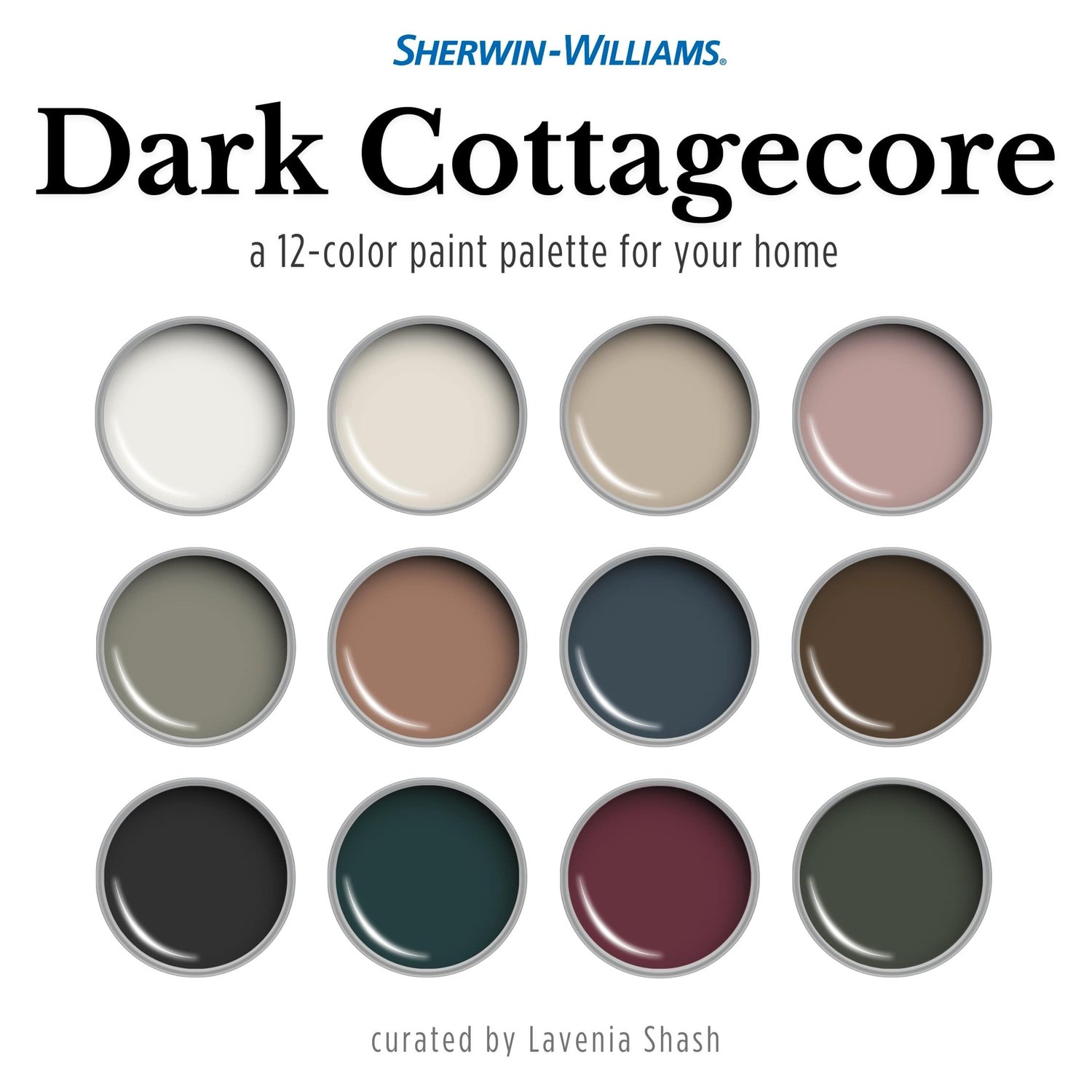 A dark cottagecore color palette with Sherwin Williams paints. The moody cottagegore, eclectic jewel tone color scheme includes white, beige, green, blue, mauve, burgundy, terracotta, brown and black. Curated and designed by Lavenia Shash.