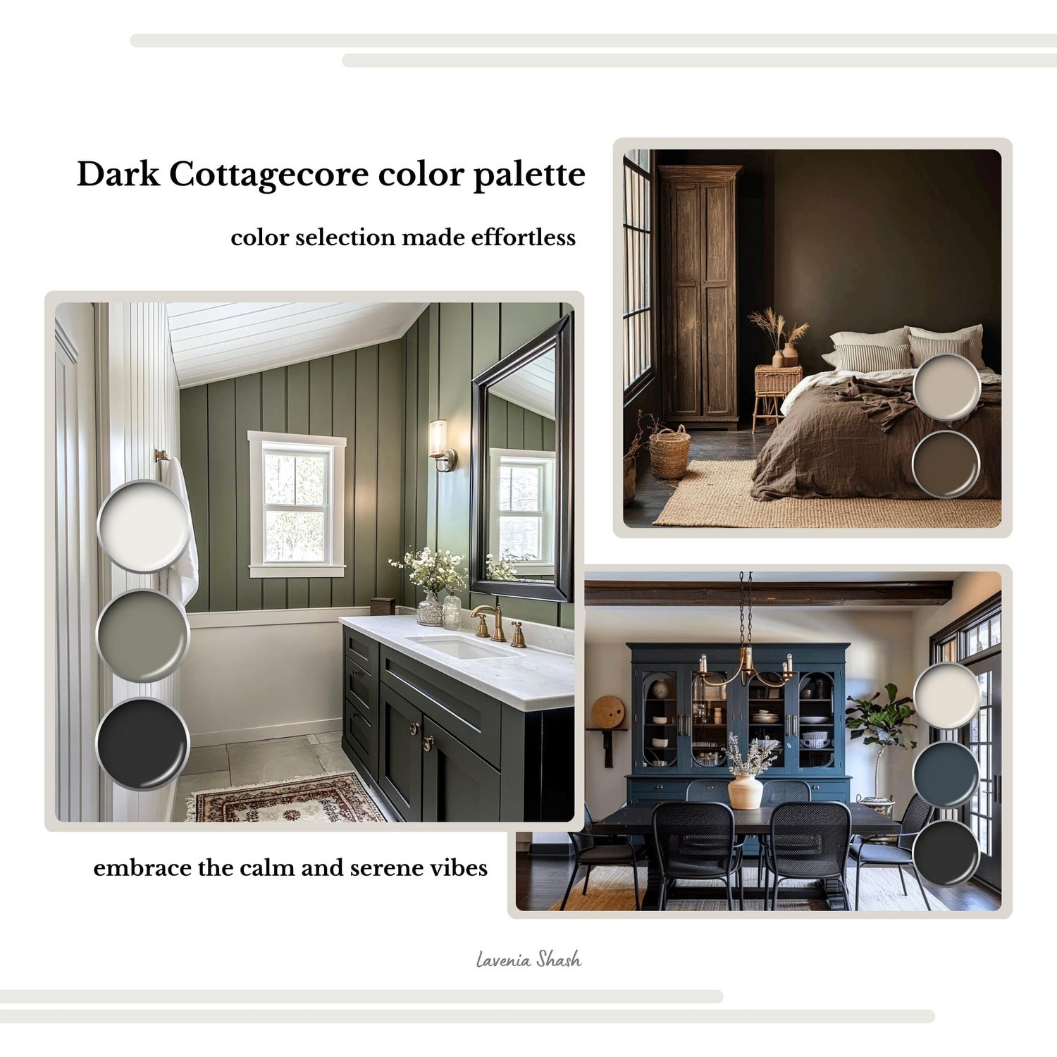 A dark cottagecore color palette with Sherwin Williams paints. The moody cottagegore, eclectic jewel tone color scheme includes white, beige, green, blue, mauve, burgundy, terracotta, brown and black. Curated and designed by Lavenia Shash.