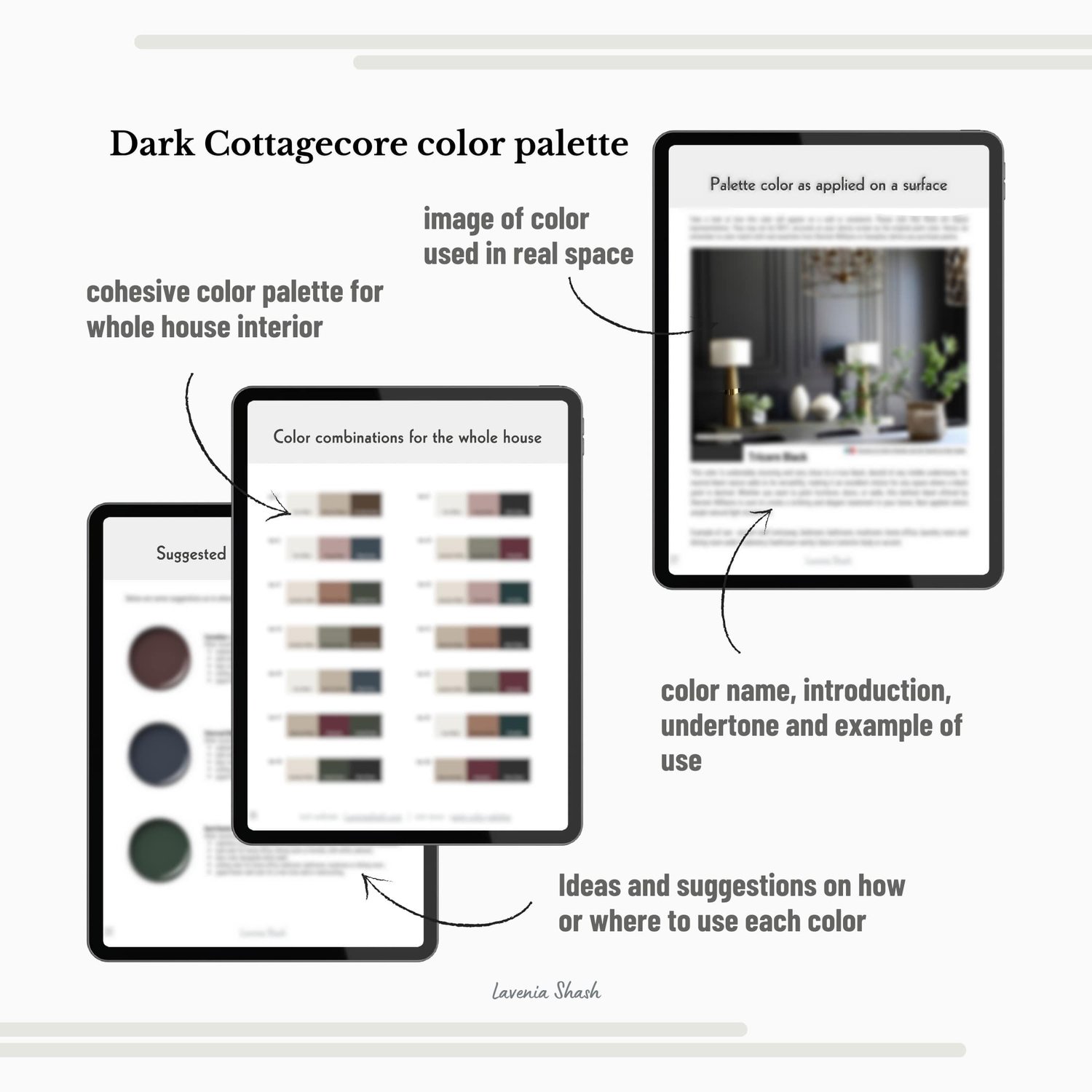 A dark cottagecore color palette with Sherwin Williams paints. The moody cottagegore, eclectic jewel tone color scheme includes white, beige, green, blue, mauve, burgundy, terracotta, brown and black. Curated and designed by Lavenia Shash.