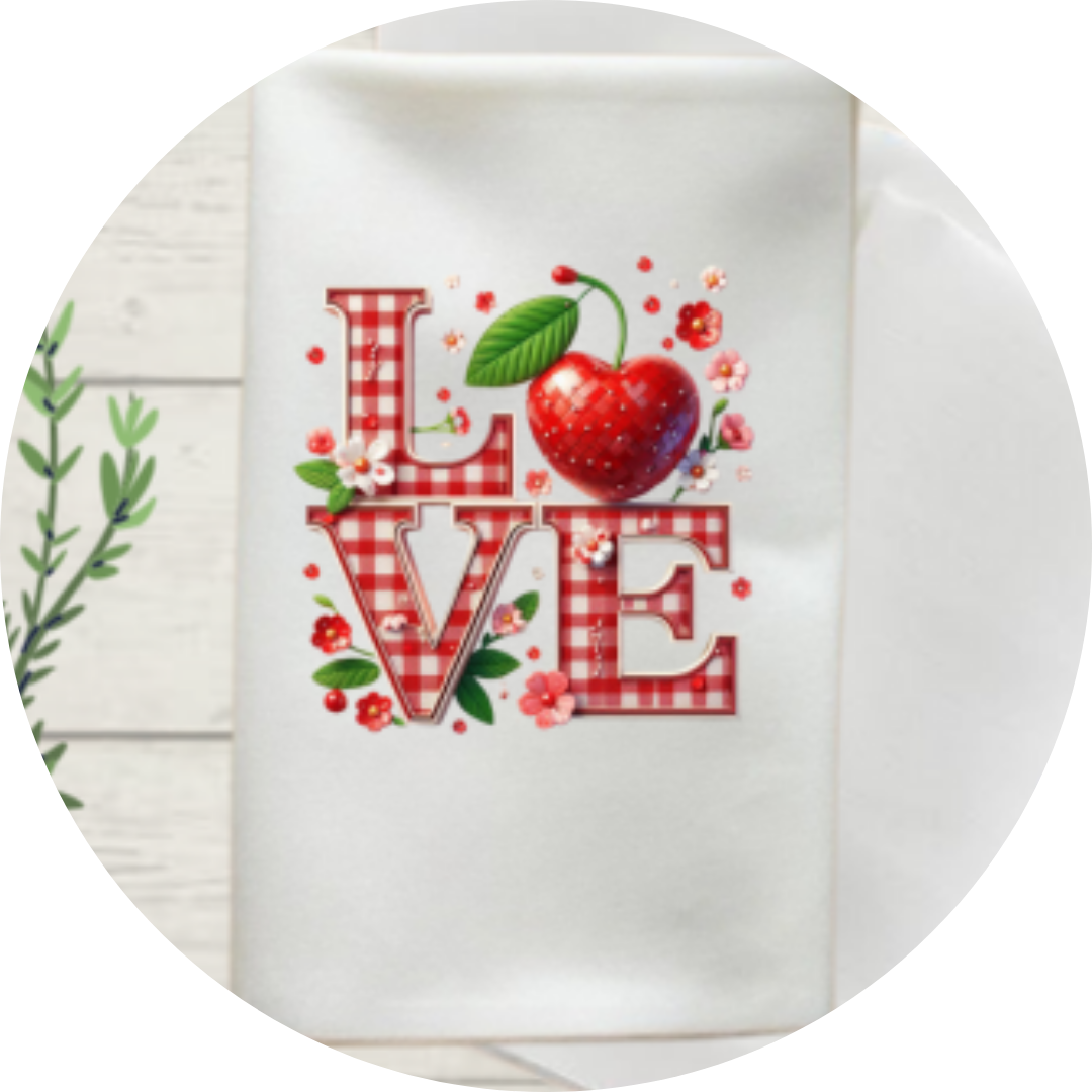 Custom sublimation design for Valentine's kitchen towel, featuring romantic colors and heart-themed patterns, perfect for personalized kitchen accessories.