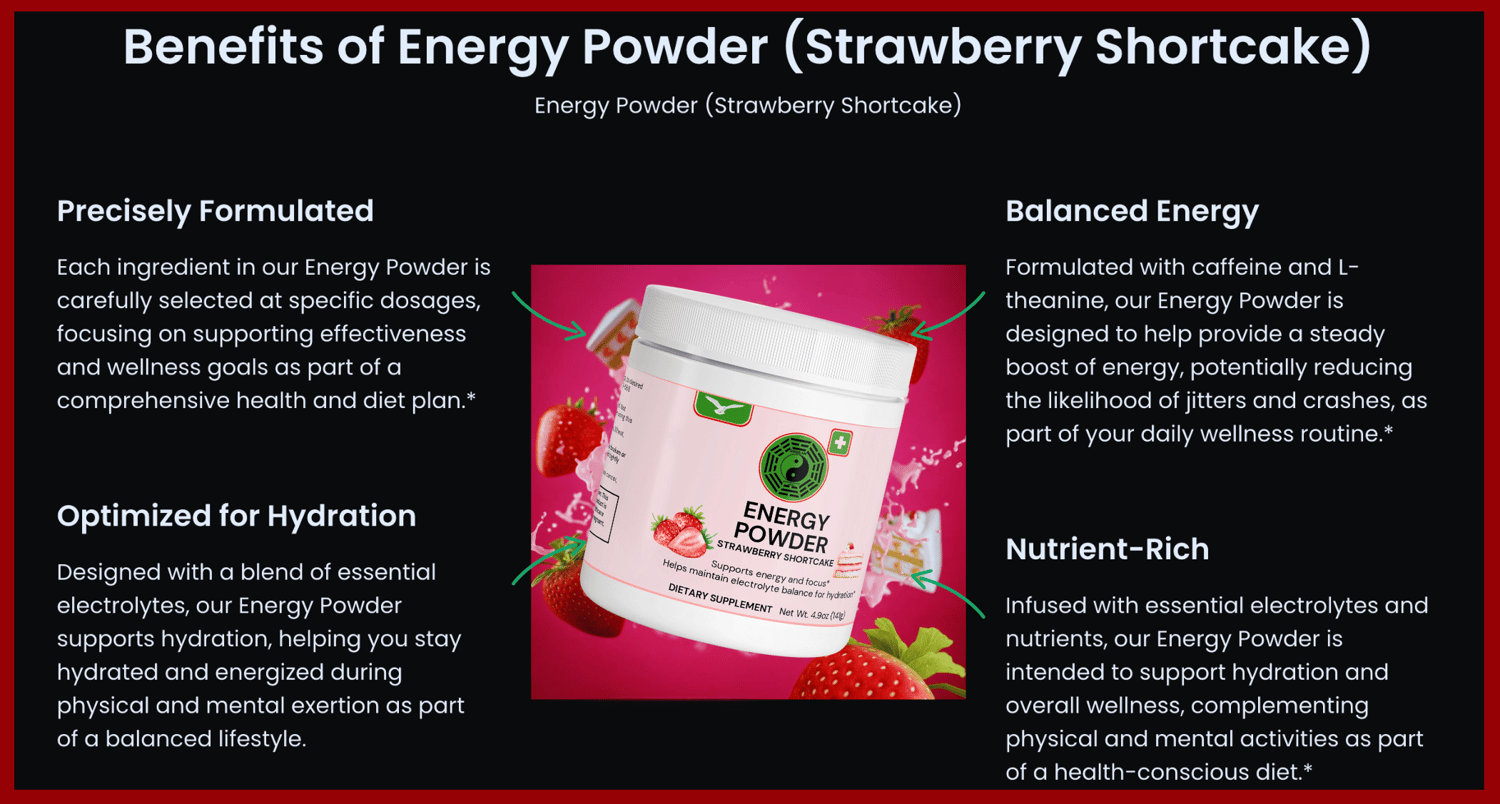 Our Energy Powder (Strawberry Shortcake) is nutrient rich, beyond caffeine, our powder is infused with essential electrolytes and nutrients, aiming to support hydration and overall wellness, helping you maintain peak performance during physical and mental activities.