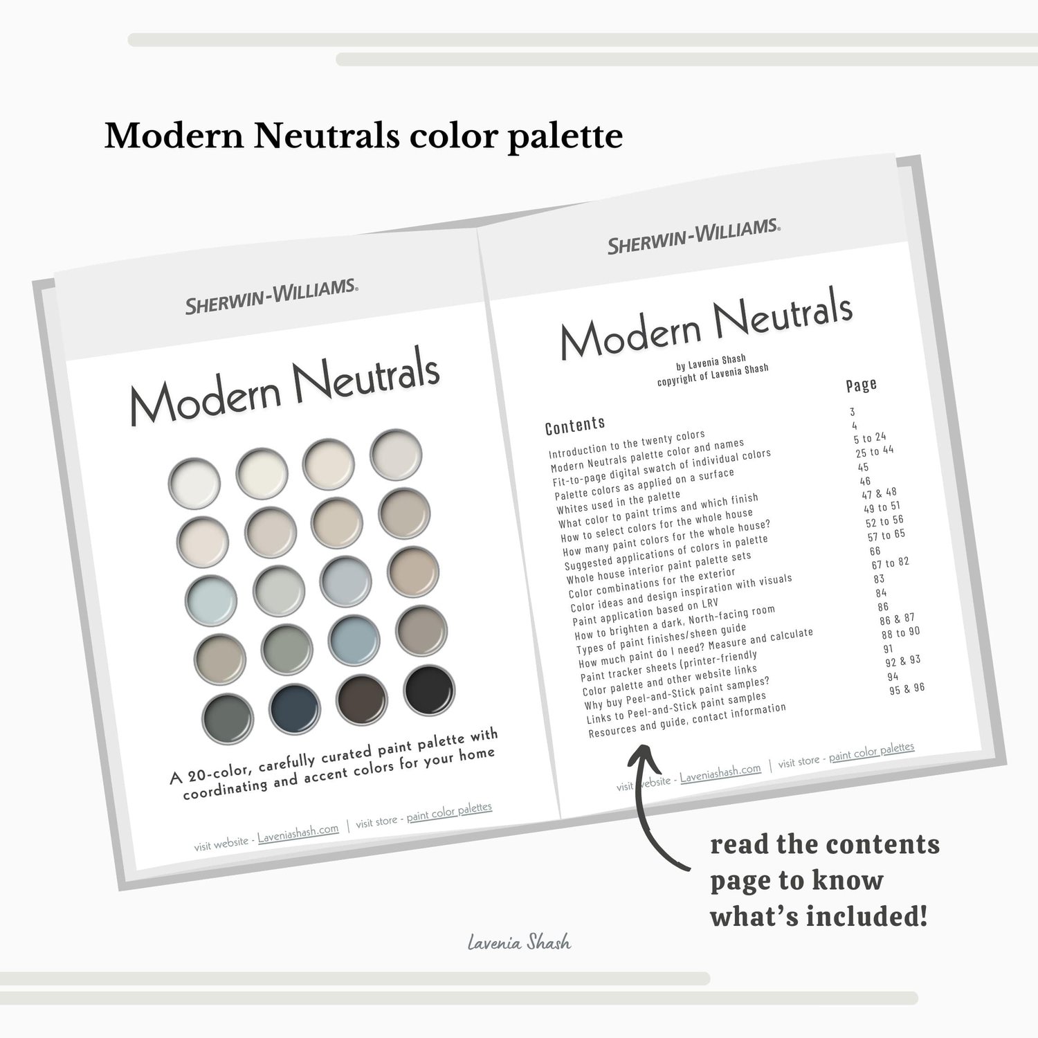 A Modern Neutrals color palette with Sherwin Williams paints. The timeless color scheme includes white, gray, beige, green, blue, brown and black. Moody muted tones and earthy neutrals. Curated and designed by Lavenia Shash.