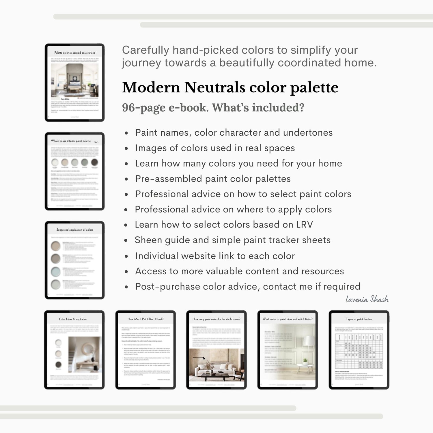 A Modern Neutrals color palette with Sherwin Williams paints. The timeless color scheme includes white, gray, beige, green, blue, brown and black. Moody muted tones and earthy neutrals. Curated and designed by Lavenia Shash.