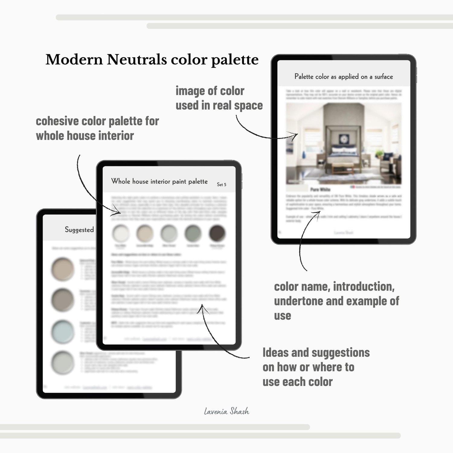 A Modern Neutrals color palette with Sherwin Williams paints. The timeless color scheme includes white, gray, beige, green, blue, brown and black. Moody muted tones and earthy neutrals. Curated and designed by Lavenia Shash.