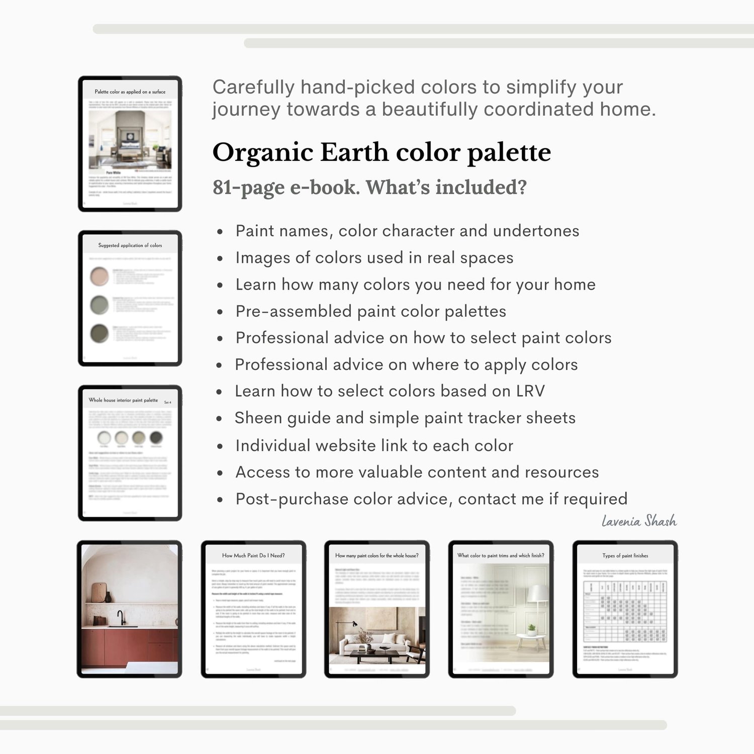 An Organic Earth color palette with Sherwin Williams paints. The Boho color scheme includes white, neutrals and earth tones with greens, browns and terracotta. Moody earth tones and earthy neutrals. Curated and designed by Lavenia Shash.