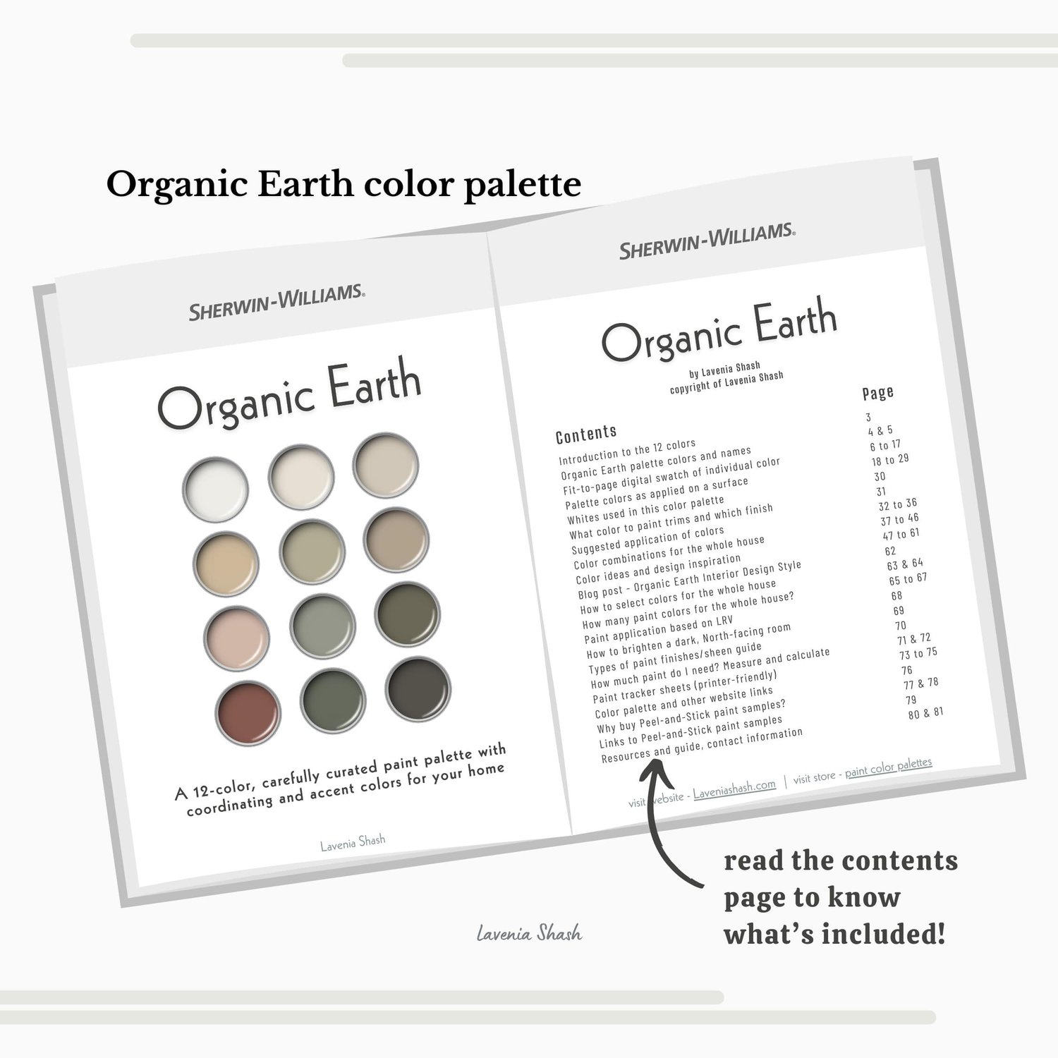 An Organic Earth color palette with Sherwin Williams paints. The Boho color scheme includes white, neutrals and earth tones with greens, browns and terracotta. Moody earth tones and earthy neutrals. Curated and designed by Lavenia Shash.