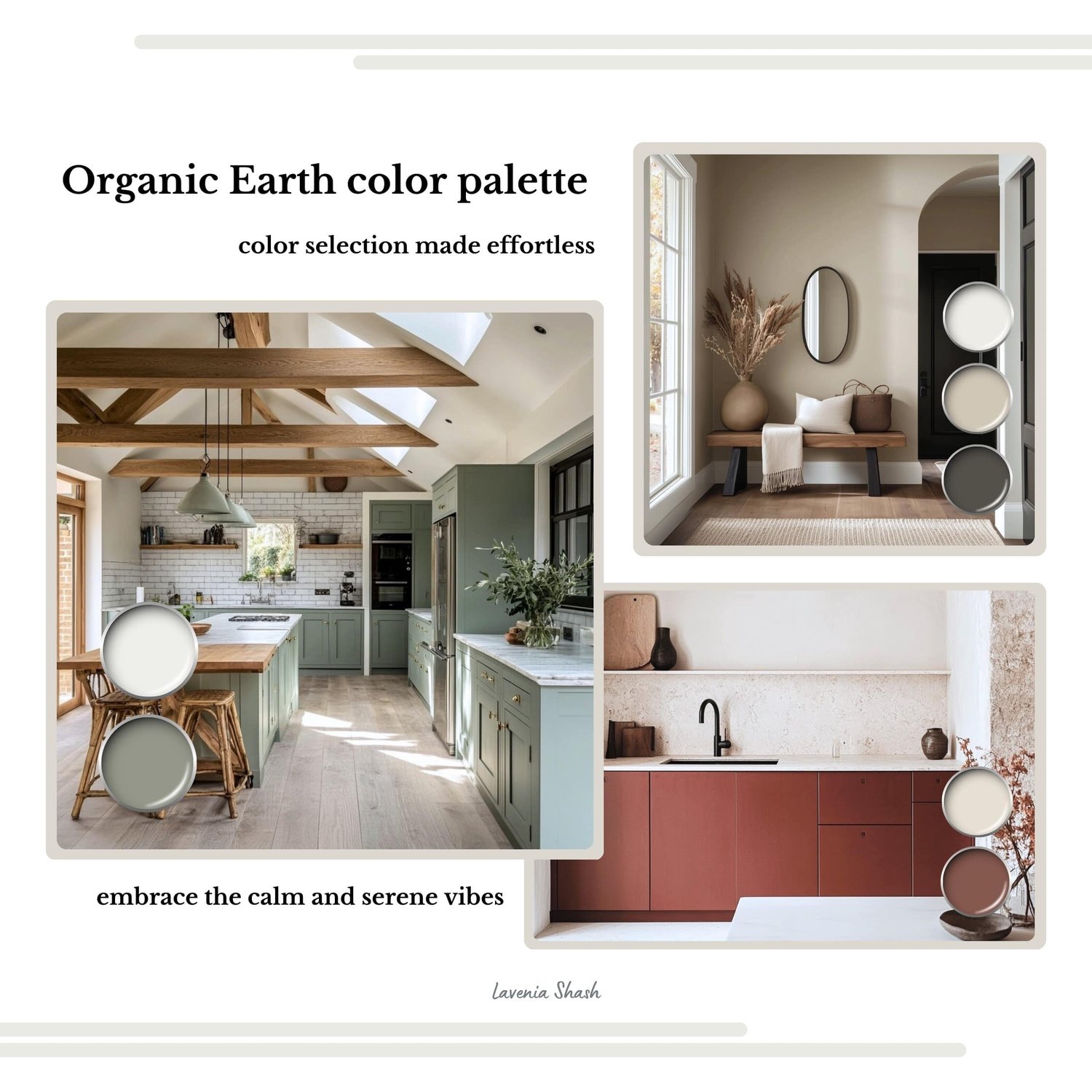 An Organic Earth color palette with Sherwin Williams paints. The Boho color scheme includes white, neutrals and earth tones with greens, browns and terracotta. Moody earth tones and earthy neutrals. Curated and designed by Lavenia Shash.