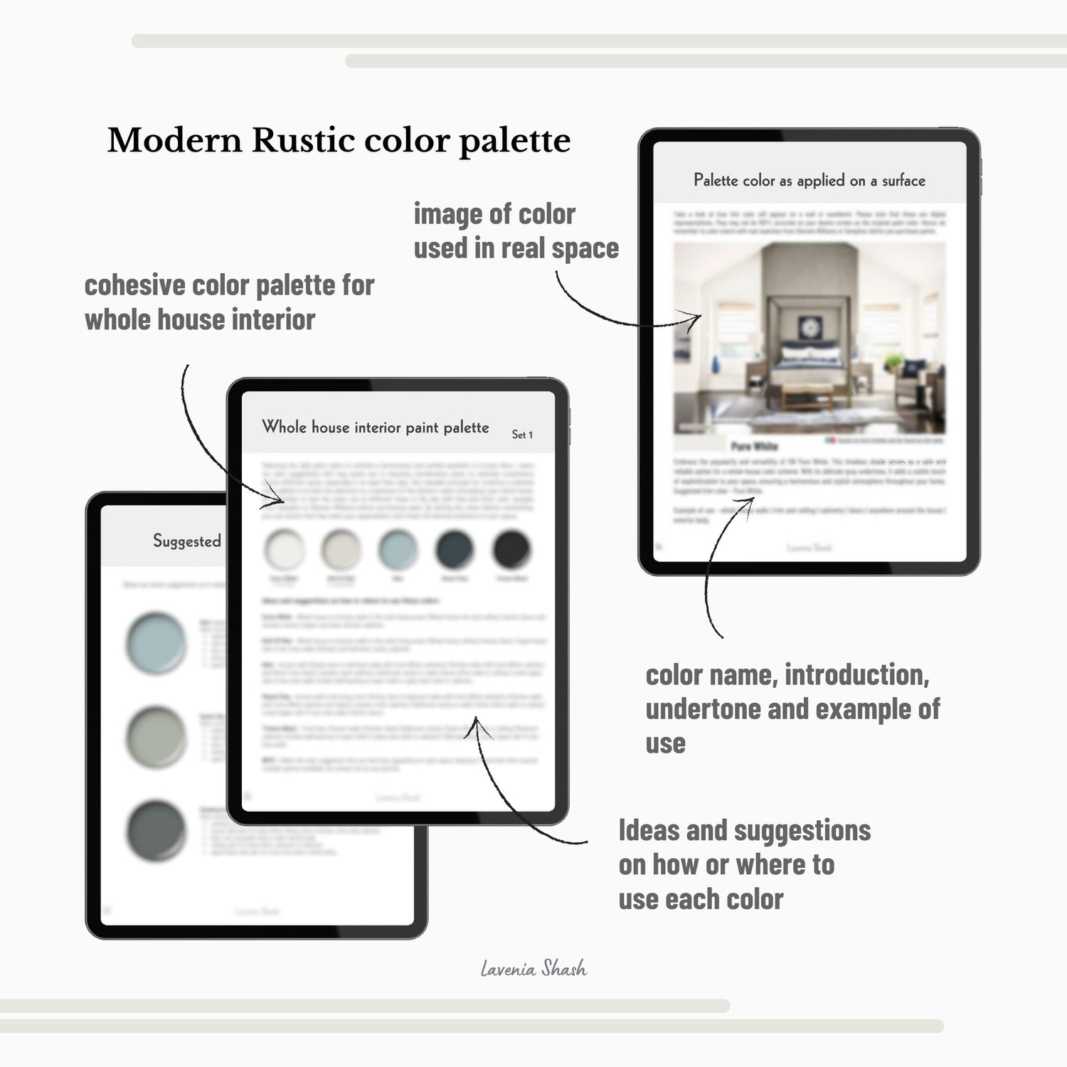A Modern Rustic, Mountain Farmhouse color palette with Sherwin Williams paint colors. Coordinating and complementary colors of white, gray, griege, beige, blue, green, brown and black for the whole house interior. Curated by Lavenia Shash.