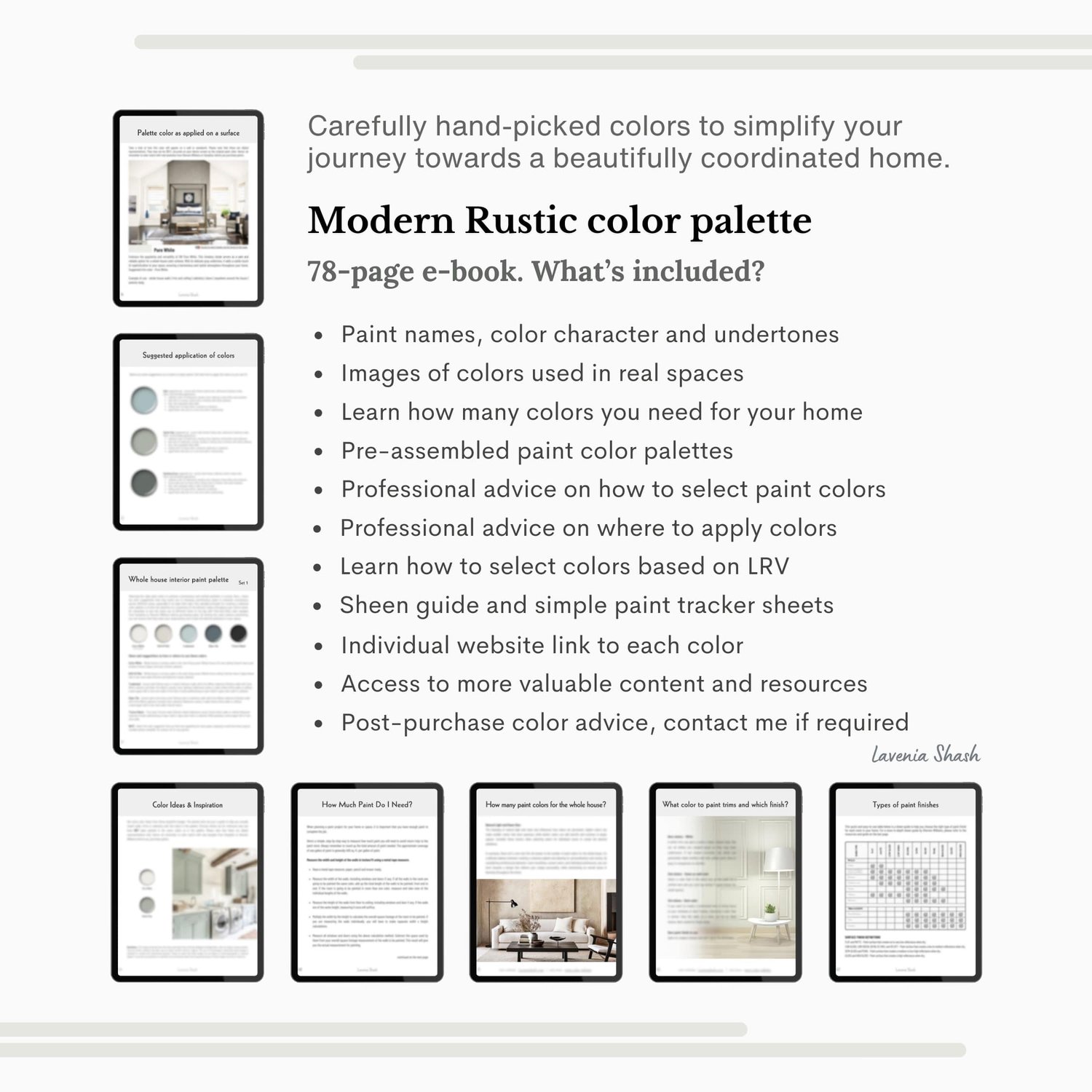 A Modern Rustic, Mountain Farmhouse color palette with Sherwin Williams paint colors. Coordinating and complementary colors of white, gray, griege, beige, blue, green, brown and black for the whole house interior. Curated by Lavenia Shash.