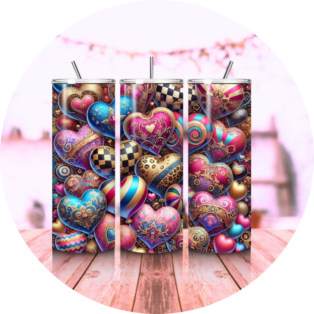 Custom sublimation design for Valentine's 20oz tumbler, showcasing romantic colors and heart-themed patterns, perfect for personalized drinkware gifts.