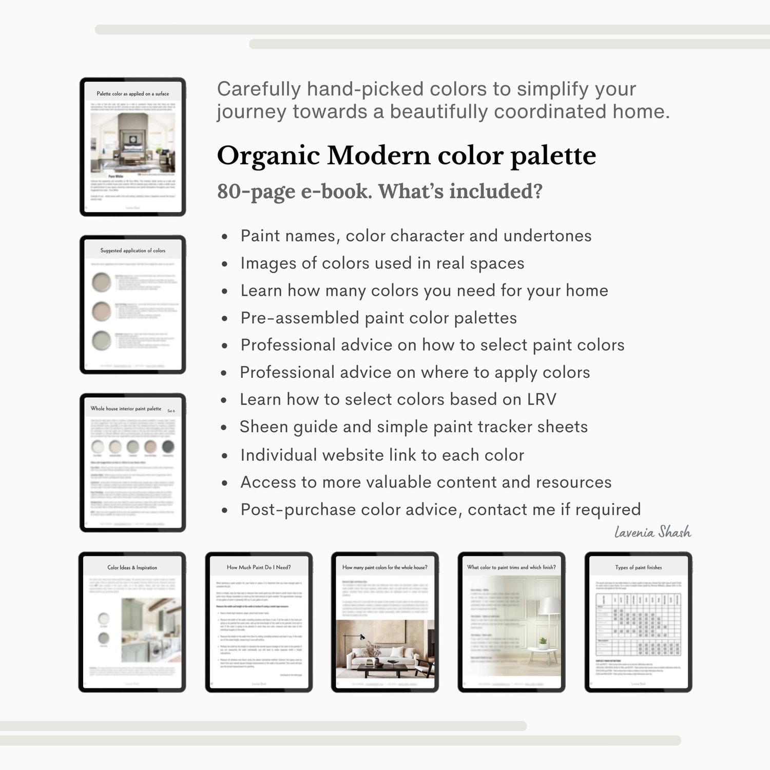 An Organic Modern color palette with Sherwin Williams paints. The neutral earth tone color scheme includes white, gray, beige, green, blush, brown and black. Moody earth tones and earthy neutrals. Curated and designed by Lavenia Shash.