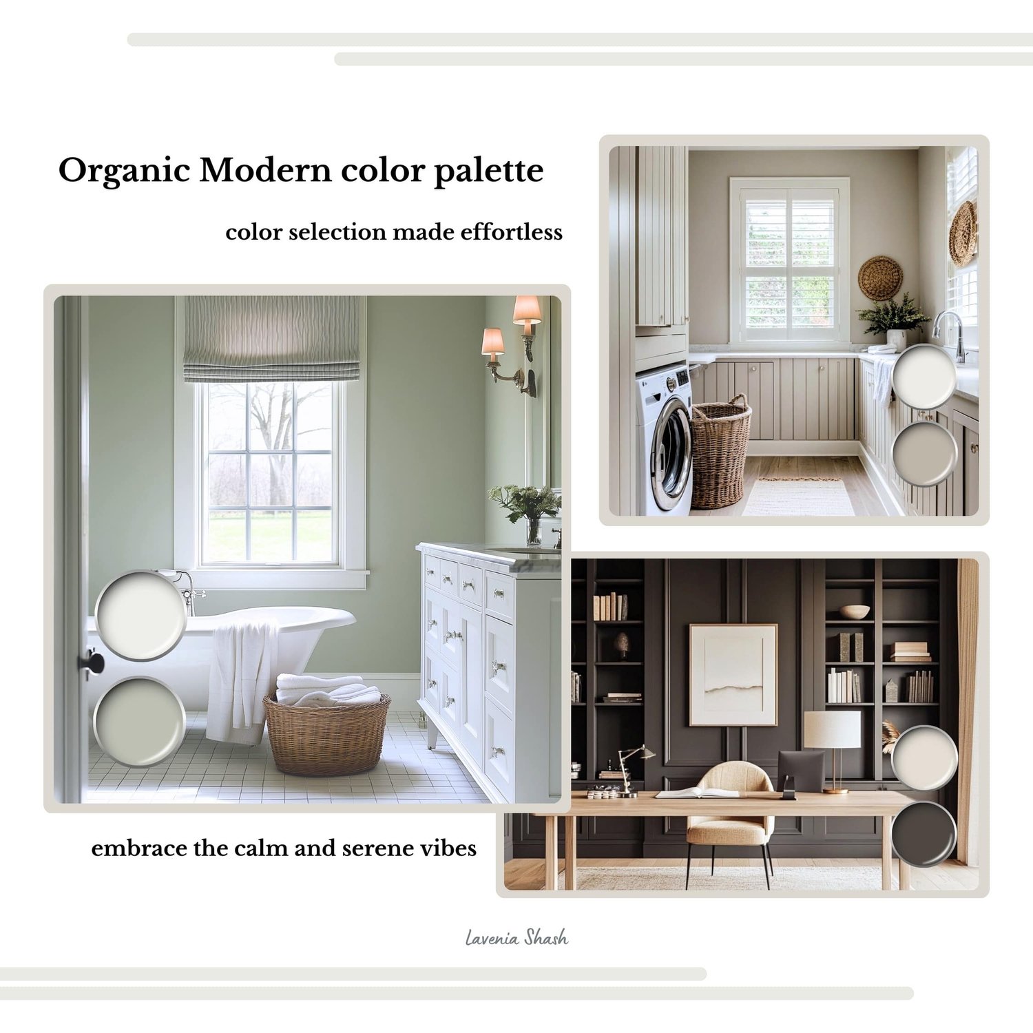 An Organic Modern color palette with Sherwin Williams paints. The neutral earth tone color scheme includes white, gray, beige, green, blush, brown and black. Moody earth tones and earthy neutrals. Curated and designed by Lavenia Shash.