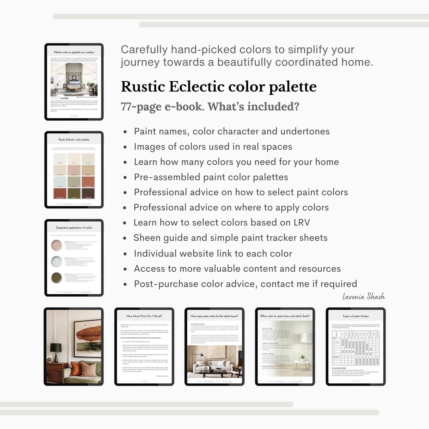 A Rustic Eclectic color palette with Sherwin Williams paints. The Boho color scheme includes white, neutrals and earth tones with greens, browns and terracotta. Moody earth tones and earthy neutrals. Curated and designed by Lavenia Shash.