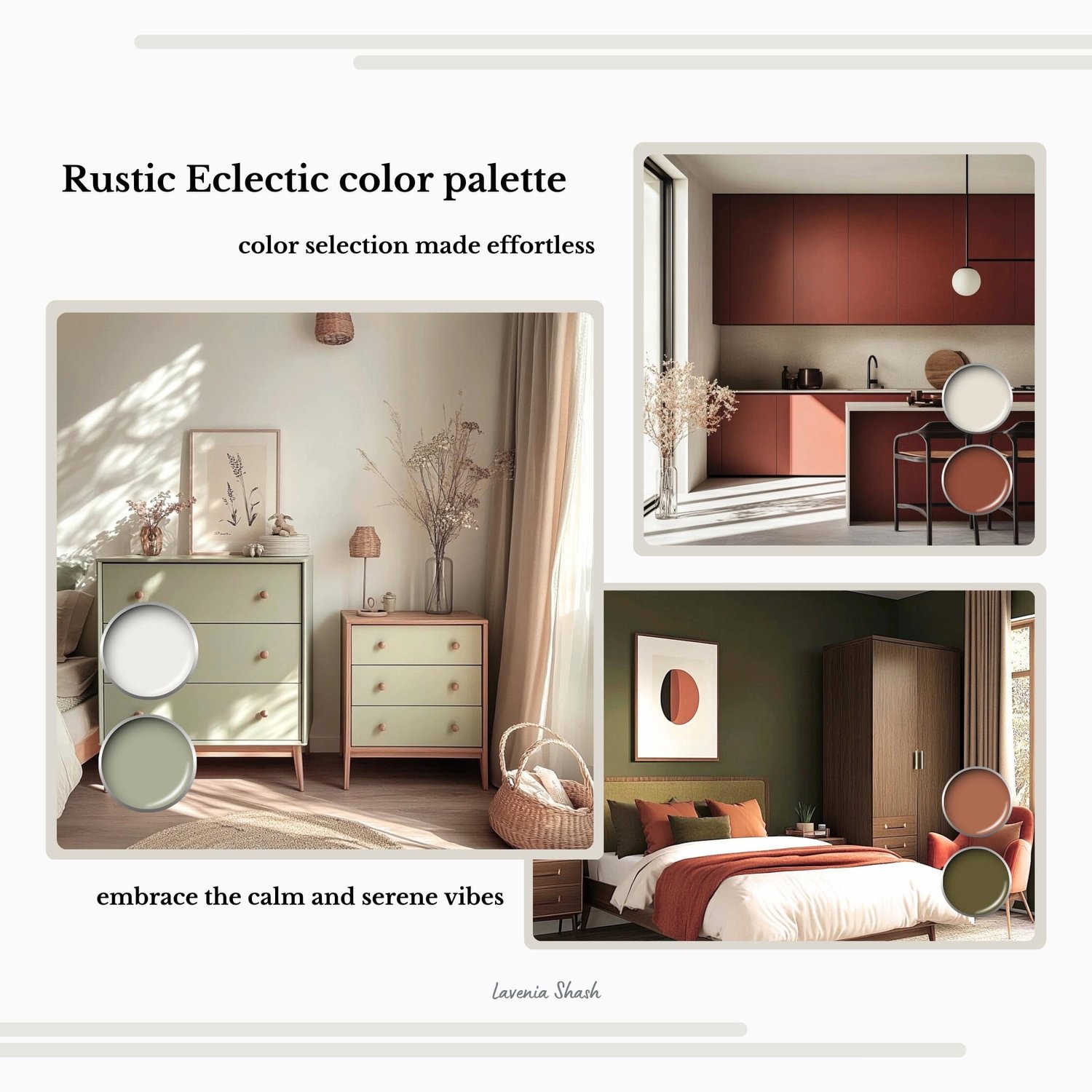 A Rustic Eclectic color palette with Sherwin Williams paints. The Boho color scheme includes white, neutrals and earth tones with greens, browns and terracotta. Moody earth tones and earthy neutrals. Curated and designed by Lavenia Shash.