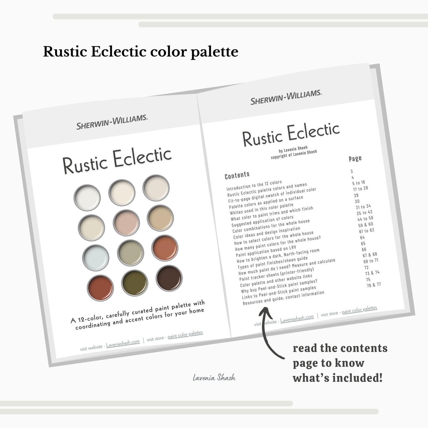 A Rustic Eclectic color palette with Sherwin Williams paints. The Boho color scheme includes white, neutrals and earth tones with greens, browns and terracotta. Moody earth tones and earthy neutrals. Curated and designed by Lavenia Shash.