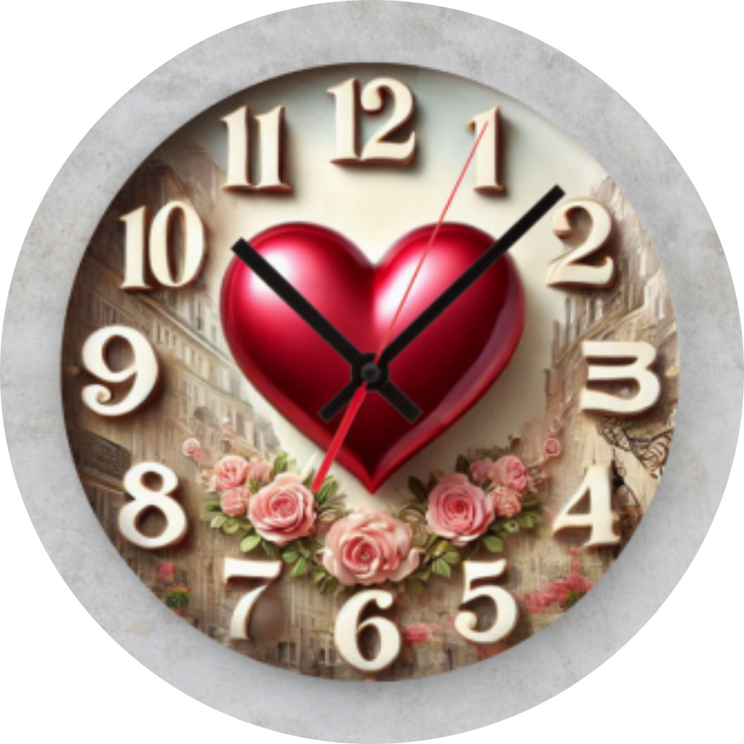 Custom sublimation design for Valentine's clock, showcasing romantic colors and heart-themed patterns, perfect for personalized home or gift decor.