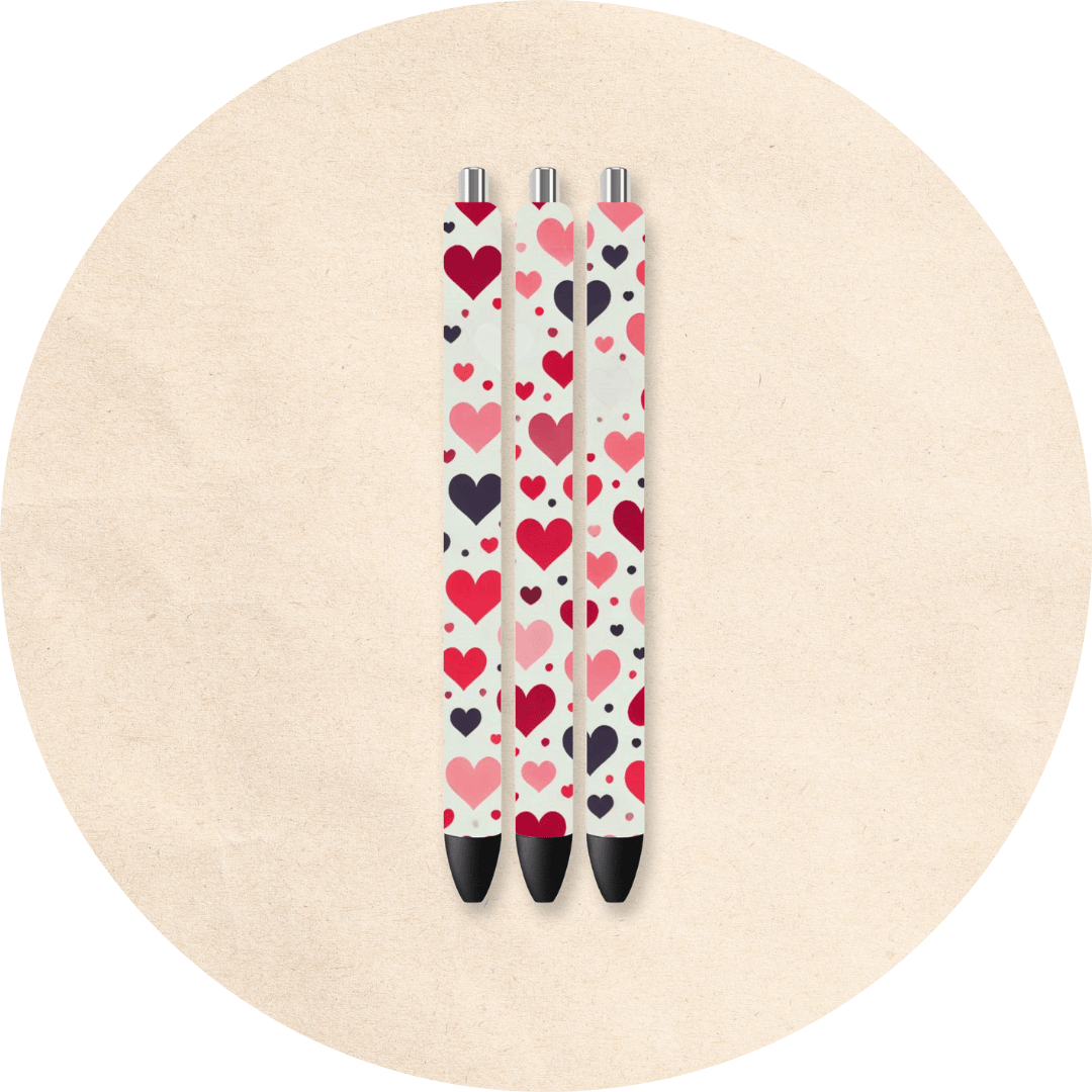 Custom sublimation design for Valentine's pen wrap, featuring romantic colors and heart-themed patterns, perfect for personalized stationery gifts.