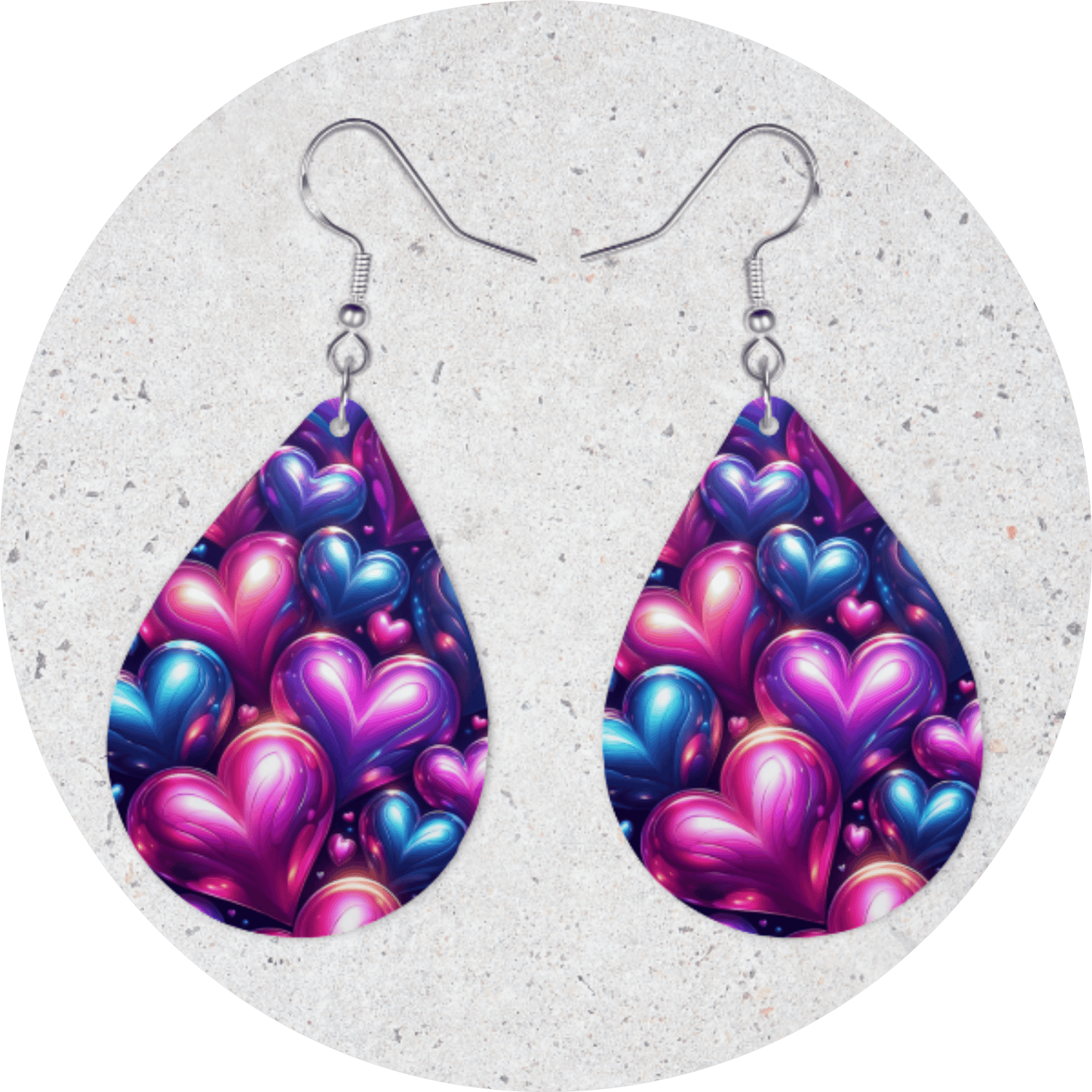 Custom sublimation design for Valentine's earrings, featuring romantic colors and heart-shaped patterns, perfect for personalized jewelry gifts.