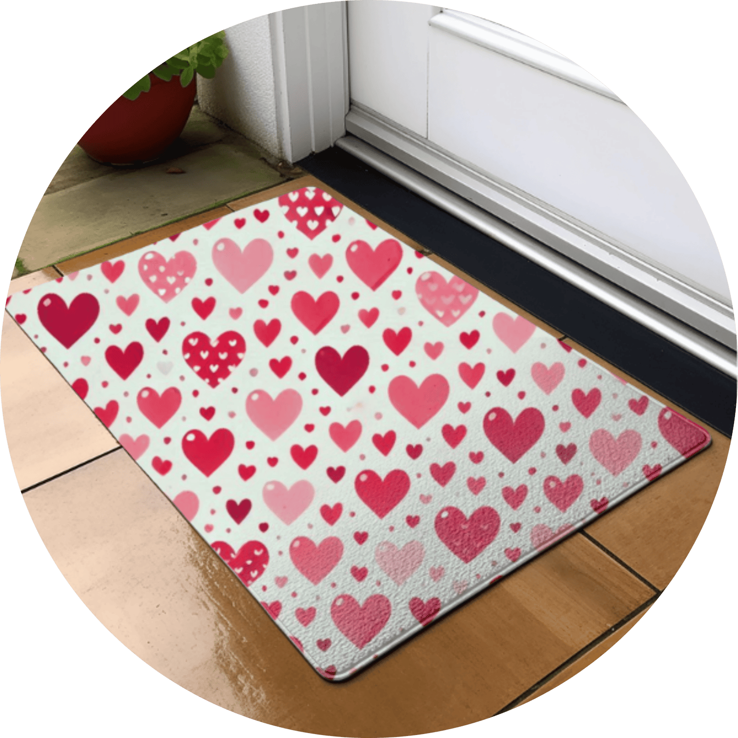 Custom sublimation design for Valentine's door mat, showcasing romantic colors and heart-themed patterns, perfect for personalized home entry decor.