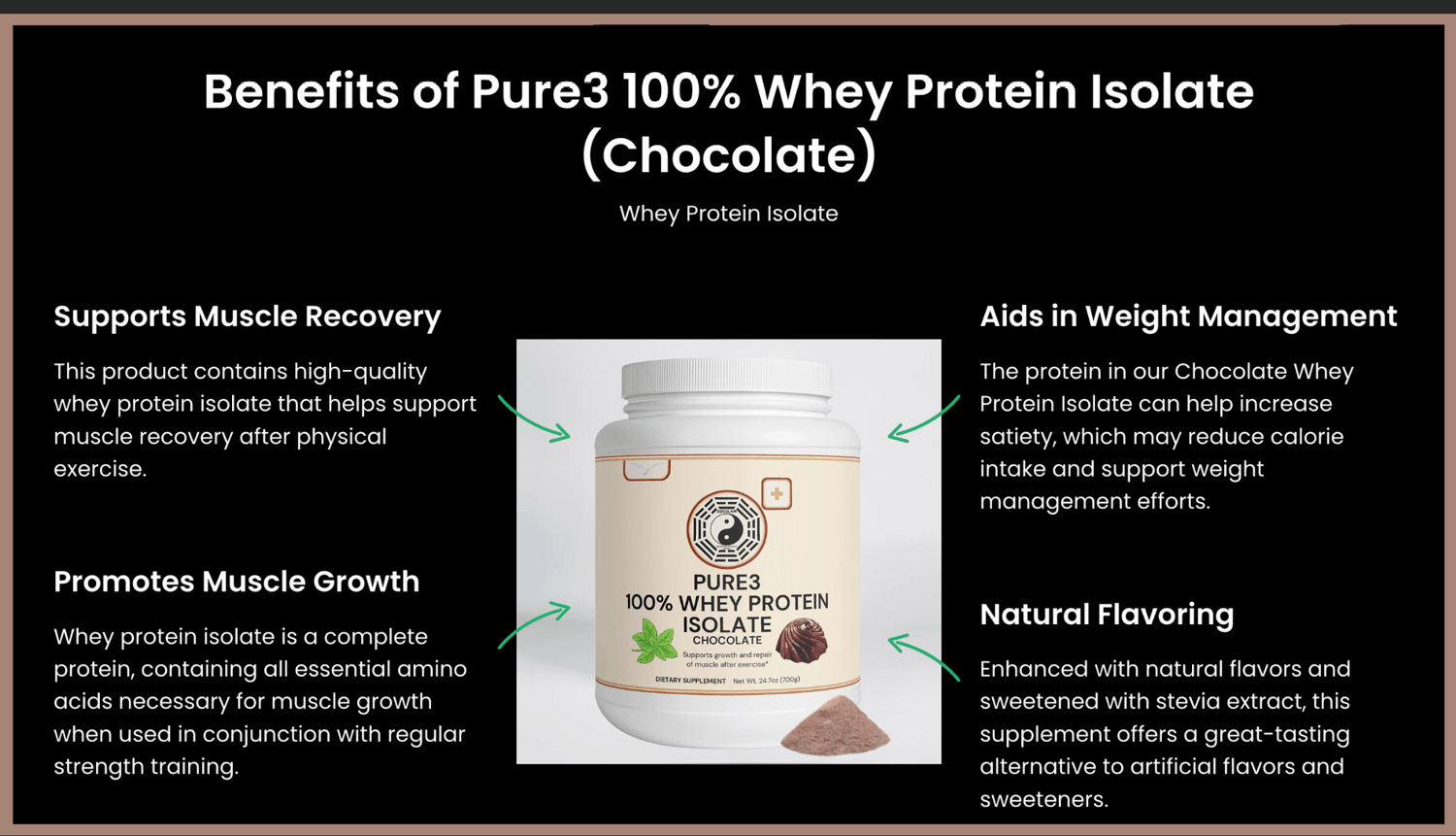 We enhance this protein isolate with natural flavors, carefully selected to offer a rich and authentic chocolate taste that's both comforting and invigorating. To complement the smooth chocolate flavor, we use stevia extract—a natural sweetener derived from the leaves of the Stevia plant.