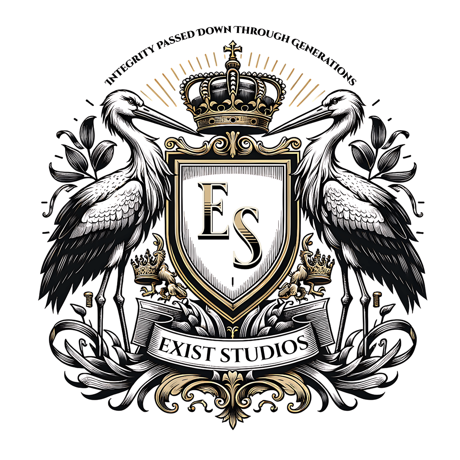 Discover the emblem of Exist Studios - a symbol of integrity passed down through generations. Our logo, featuring two majestic storks flanking a regal crest with the initials 'ES', represents our commitment to tradition and excellence in the creative arts. The crown atop the shield signifies our leadership in the industry, while the intricate design reflects our dedication to quality and heritage. Explore Exist Studios for unparalleled design services that honor our legacy.