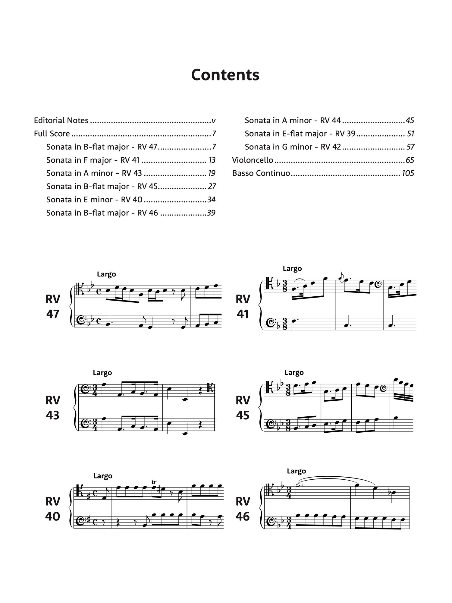 Table of Content for the edition Antonio Vivaldi Nine Sonatas for cello and basso RV 39-47