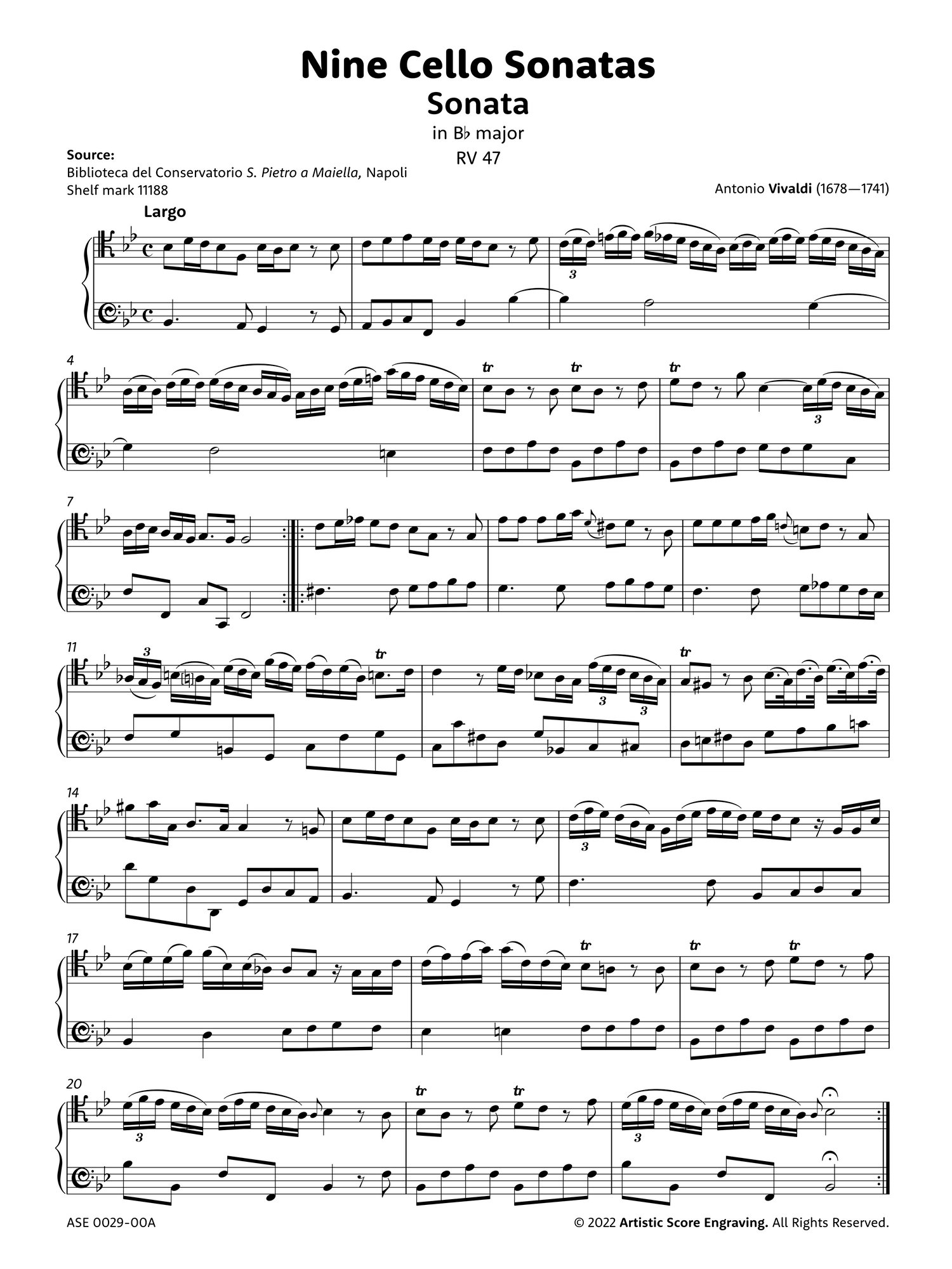 First page of the full score of the edition Antonio Vivaldi Nine Sonatas for cello and basso RV 39-47