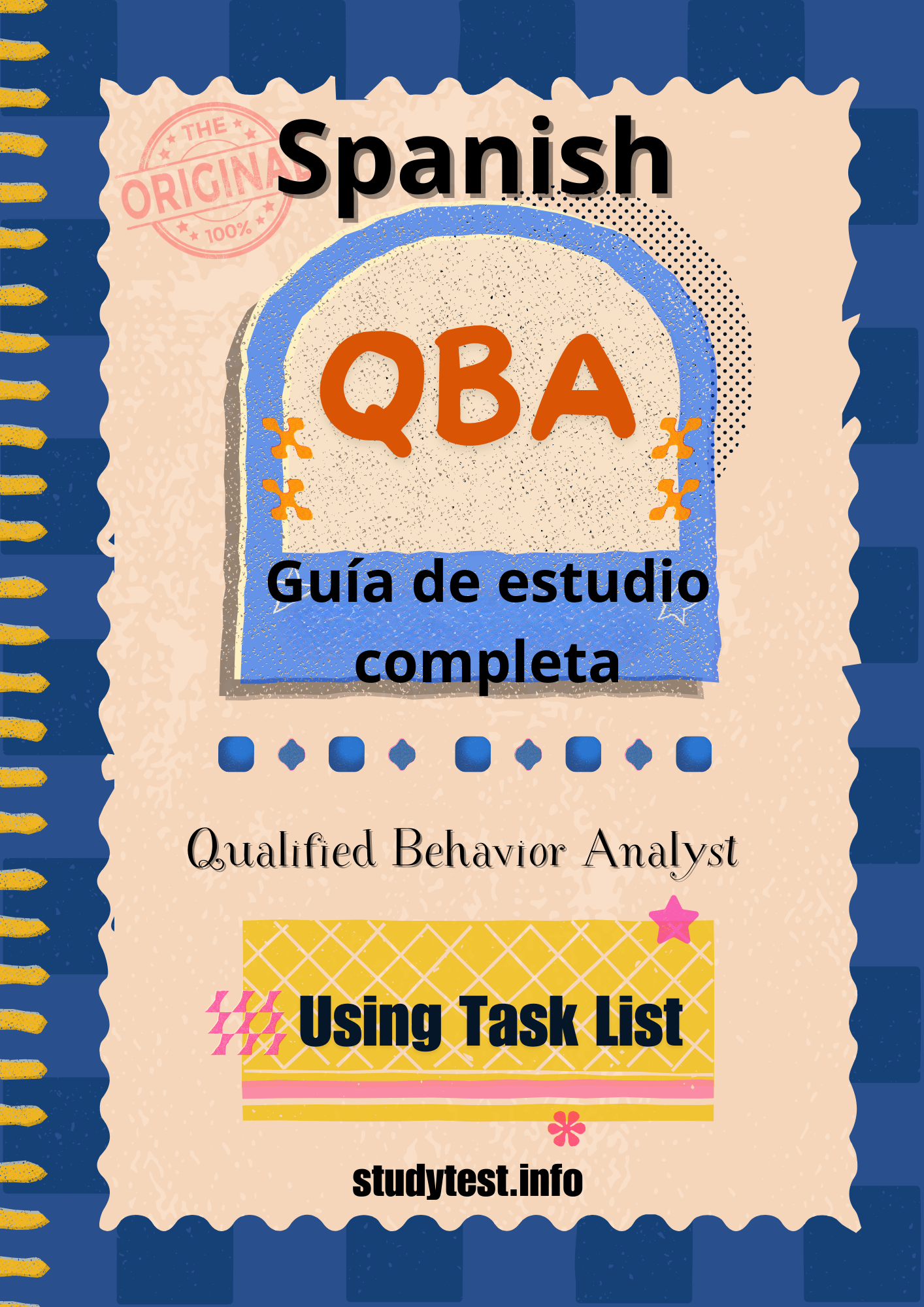 "Portada de la Guía de Estudio para el Examen QBA, con texto en negrita y gráficos educativos relacionados con el análisis del comportamiento."