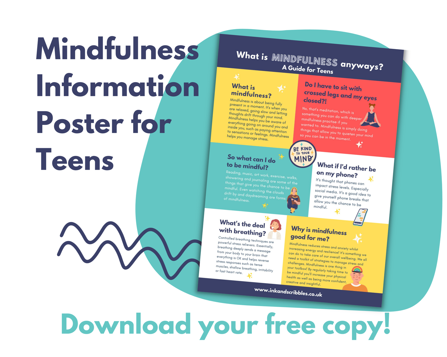 Mindfulness explanation visual poster, teenagers, wellbeing, PDF, printable