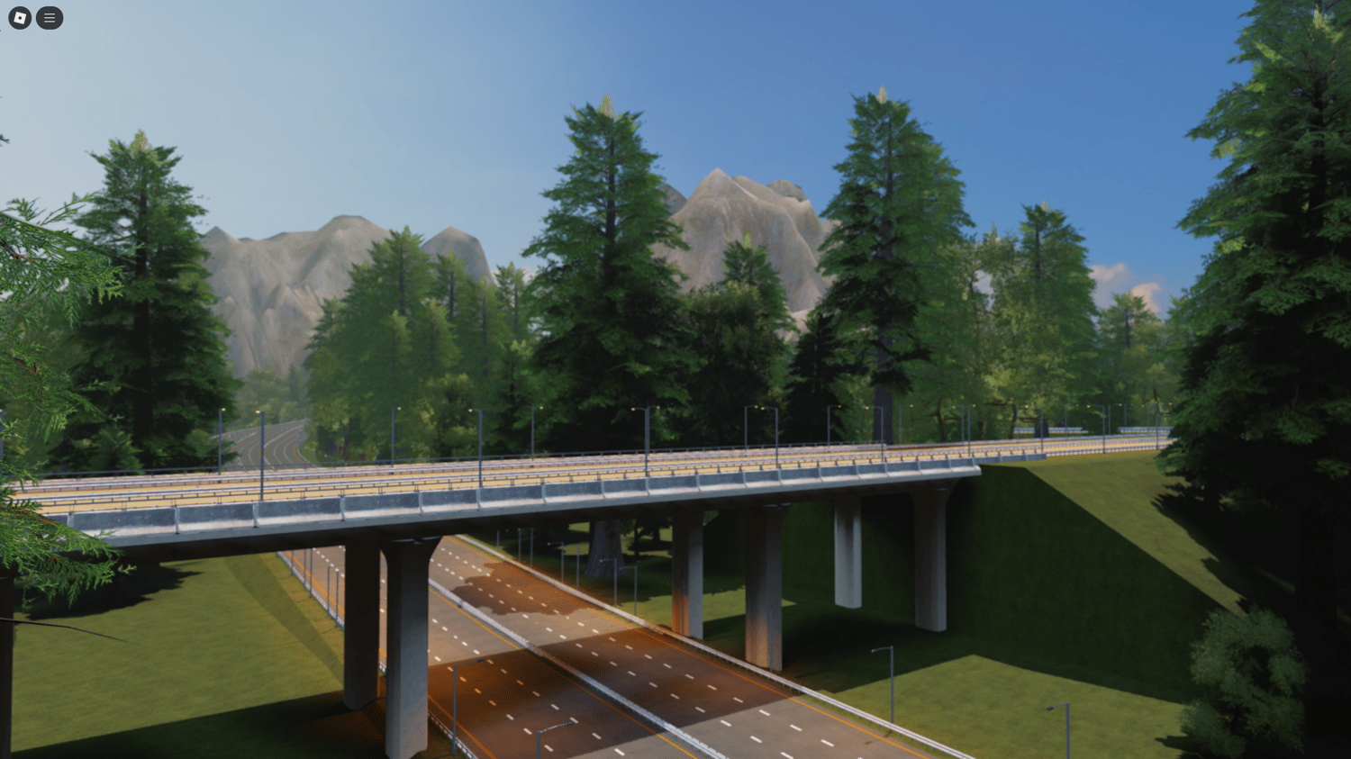 A highway overpass surrounded by decorations and detailed terrain.