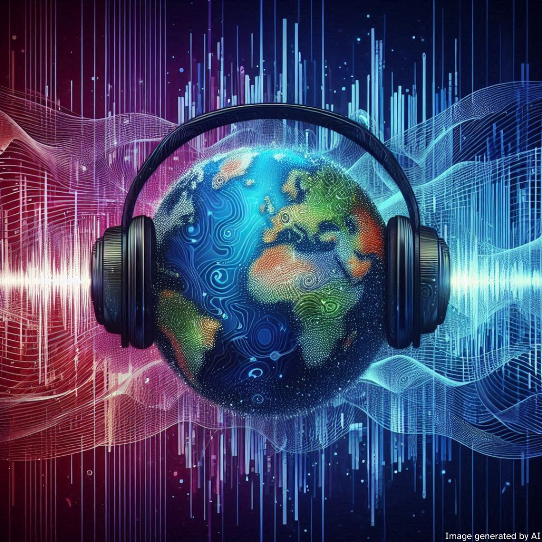 A representation of planet earth wearing headphones, on a background of vertical and horizontal sound waves