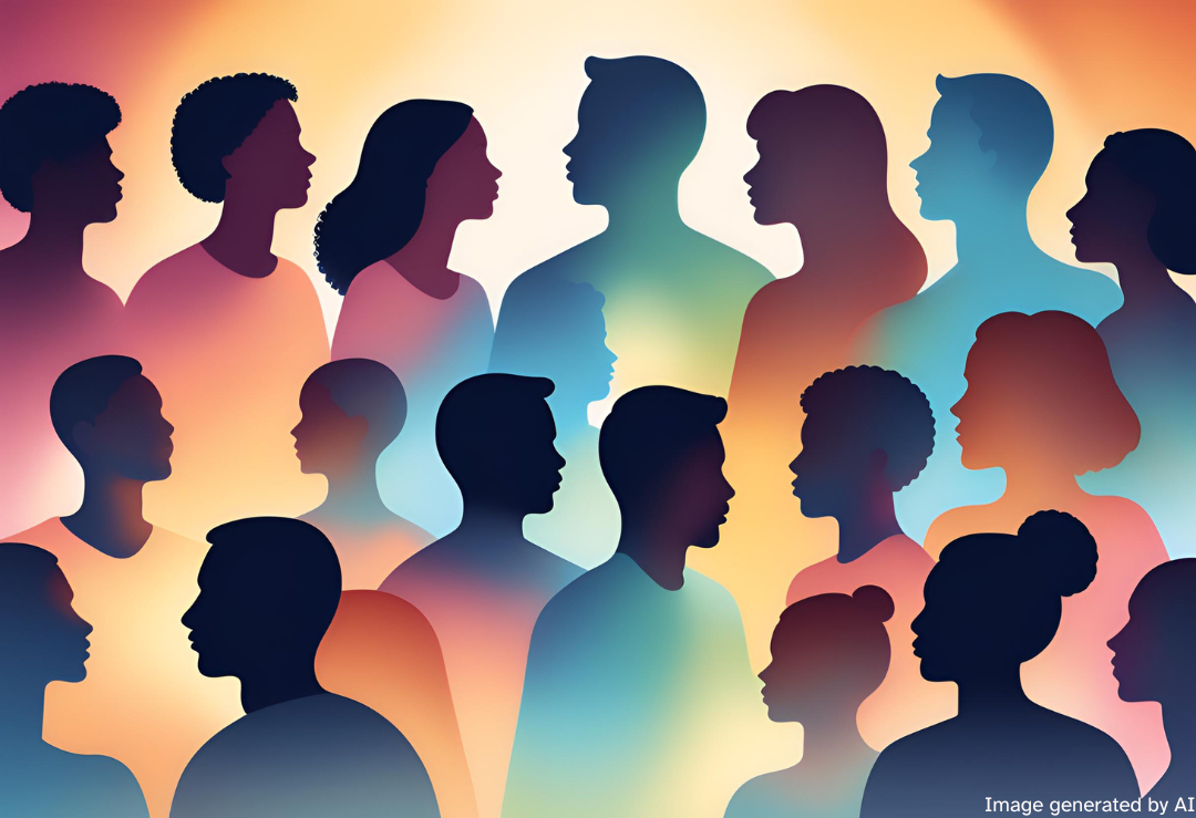A group of semi-translucent silhouetted heads and upper bodies, in profile, on a background of mixed gradient colour