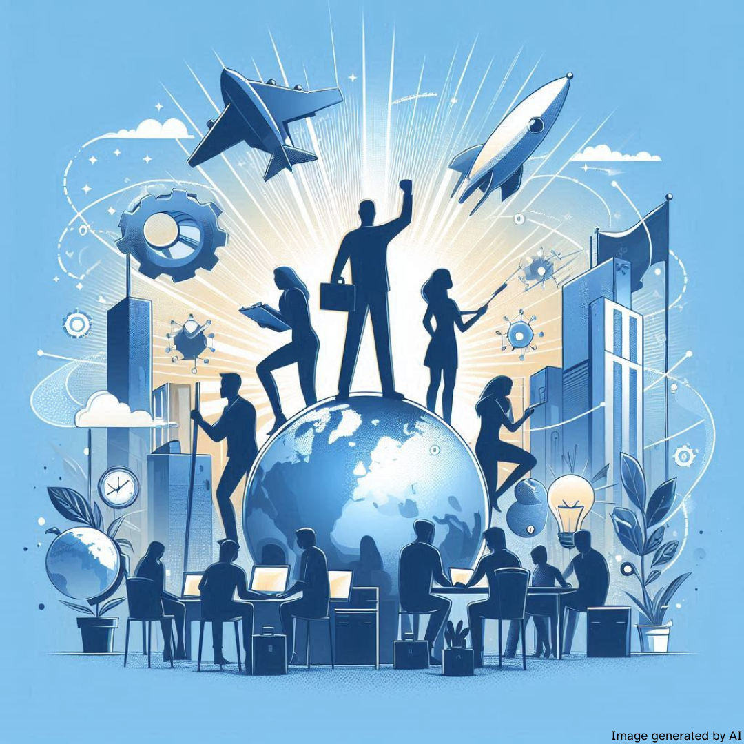 An illustration in shades of blue featuring a large globe, silhouetted figures and various dynamic objects