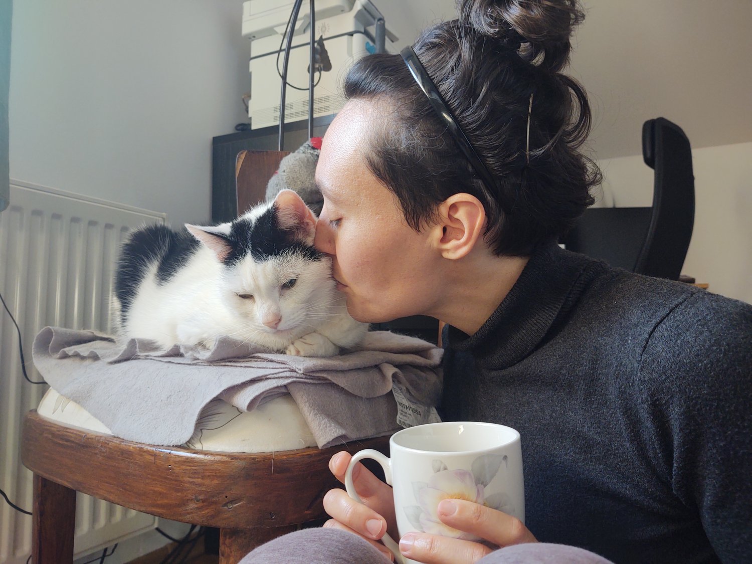 A person kissing a cat which is lying on a chair
