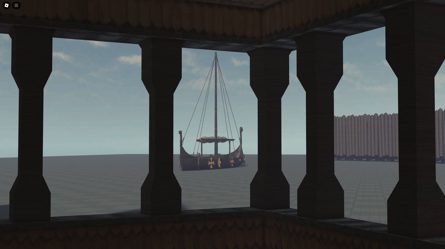 Viking boat docked near traditional Nordic buildings for an adventurous scene