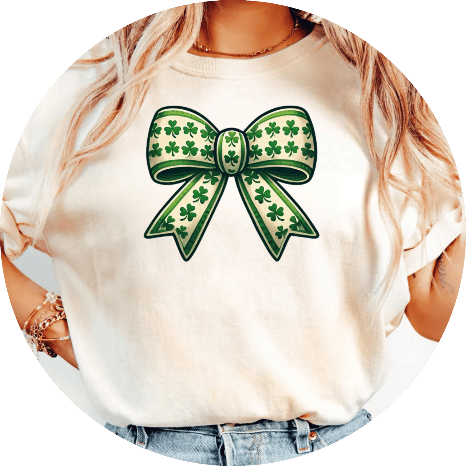 St. Patrick's Day t-shirt design featuring festive elements like four-leaf clovers and green accents, perfect for sublimation printing projects.
