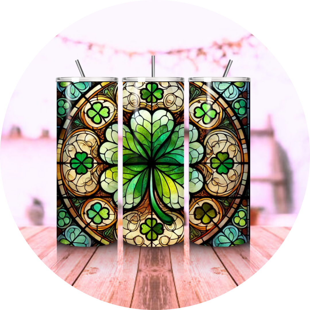 St. Patrick's Day Sublimation Tumbler 20oz featuring vibrant green and festive designs, perfect for creating personalized holiday-themed drinkware with sublimation printing