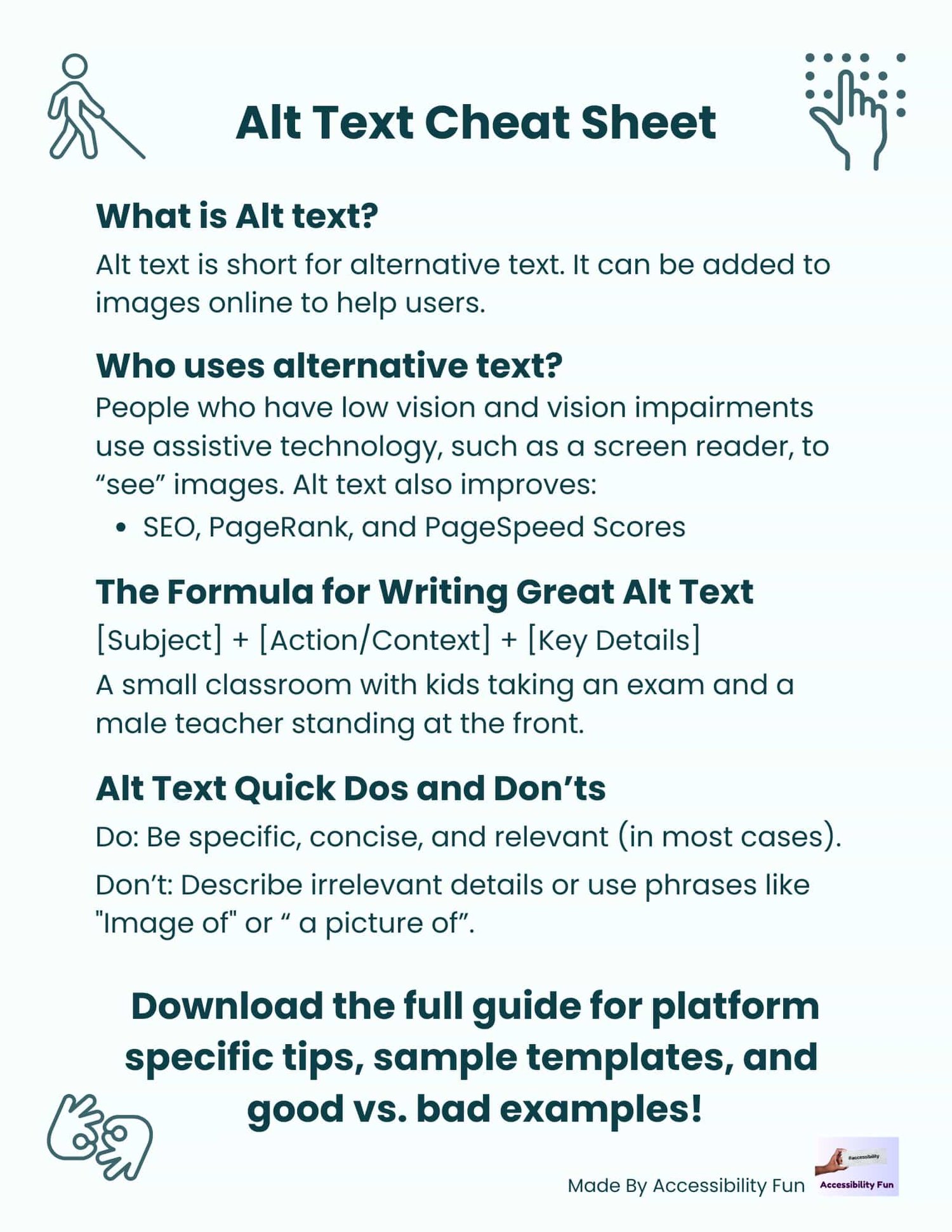 alt text cheat sheet displays who it is for, examples, and dos and dont's of proper alt text