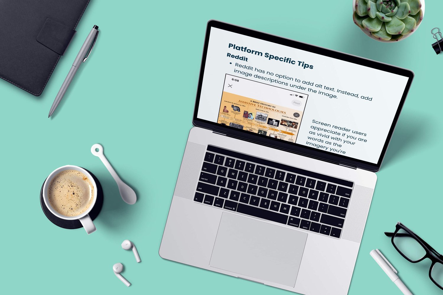 a table laptop displays platform specific tips for alternative text