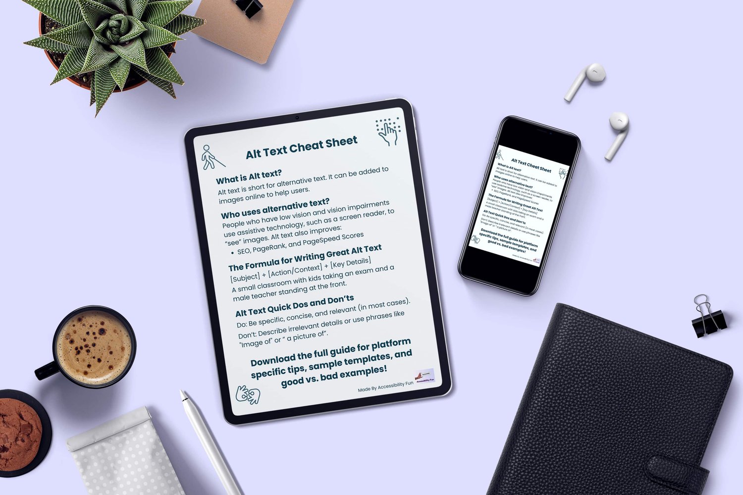 a tablet and mobile device displays the free alt text guide on a desk
