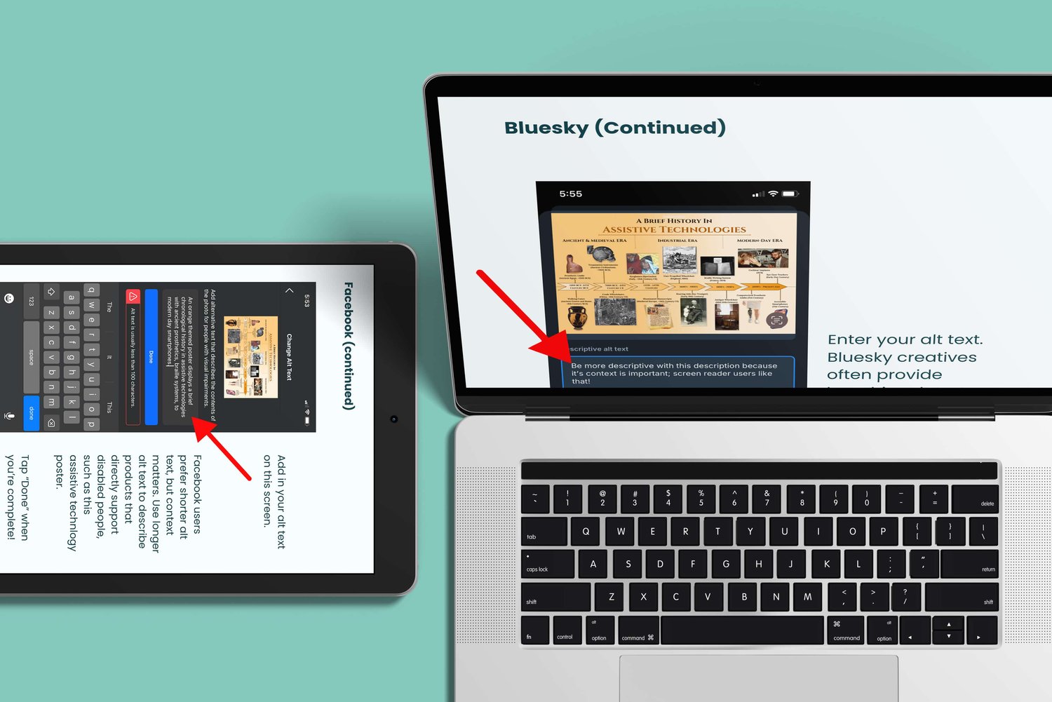 a laptop and tablet displays instructions for Bluesky and Facebook alt text