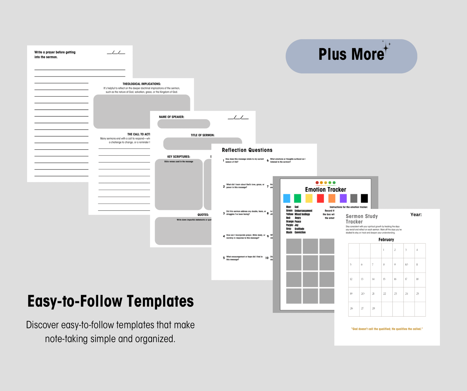 Get a comprehensive look at the pages of our Church Notes Guide! This image showcases the variety of tools and resources provided to help you document, reflect, and apply the messages from your church services. With space for notes, insights, and emotiona