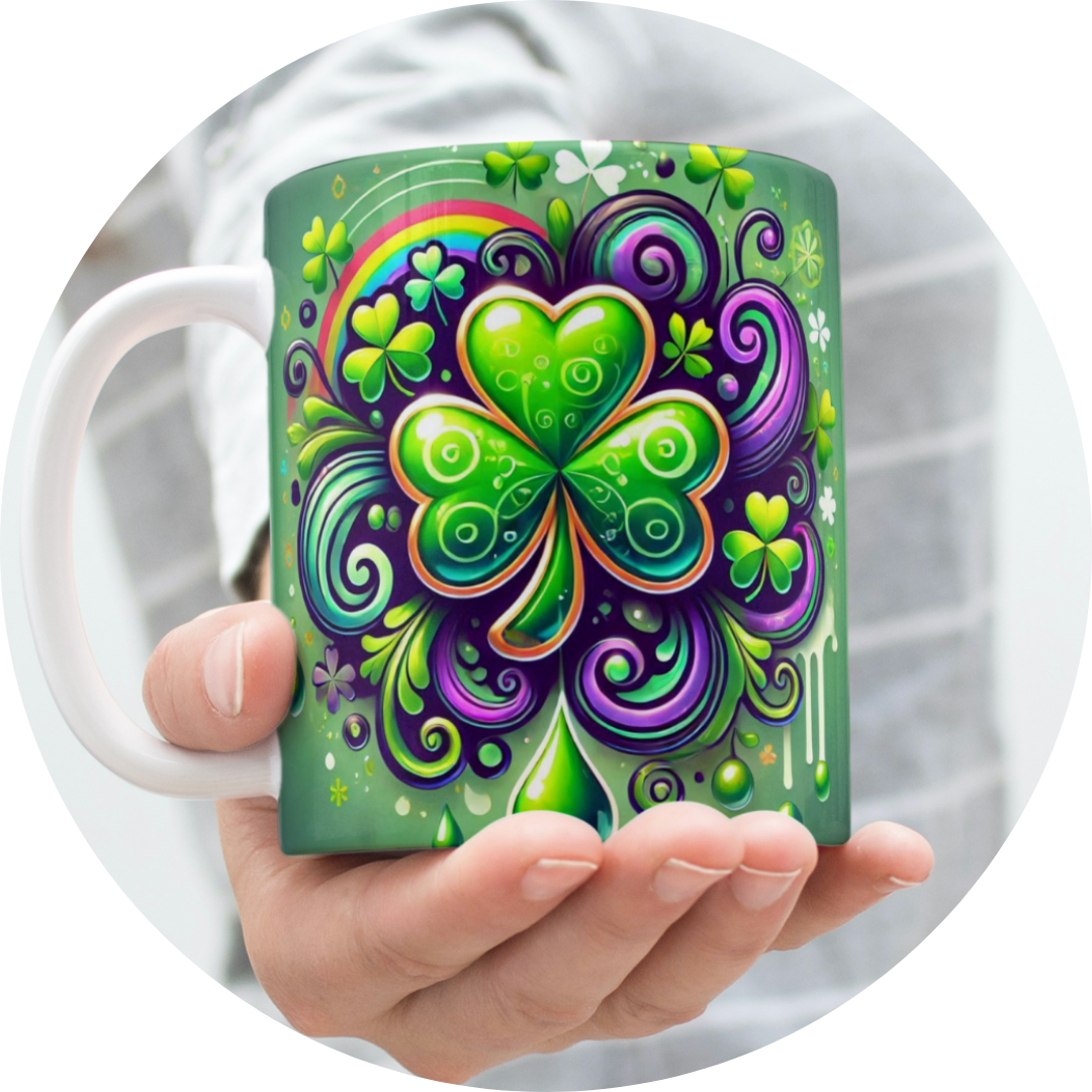 St. Patrick's Day Sublimation Mug Wrap featuring festive green designs, four-leaf clovers, and holiday-themed patterns. Perfect for creating personalized mugs with sublimation printing.
