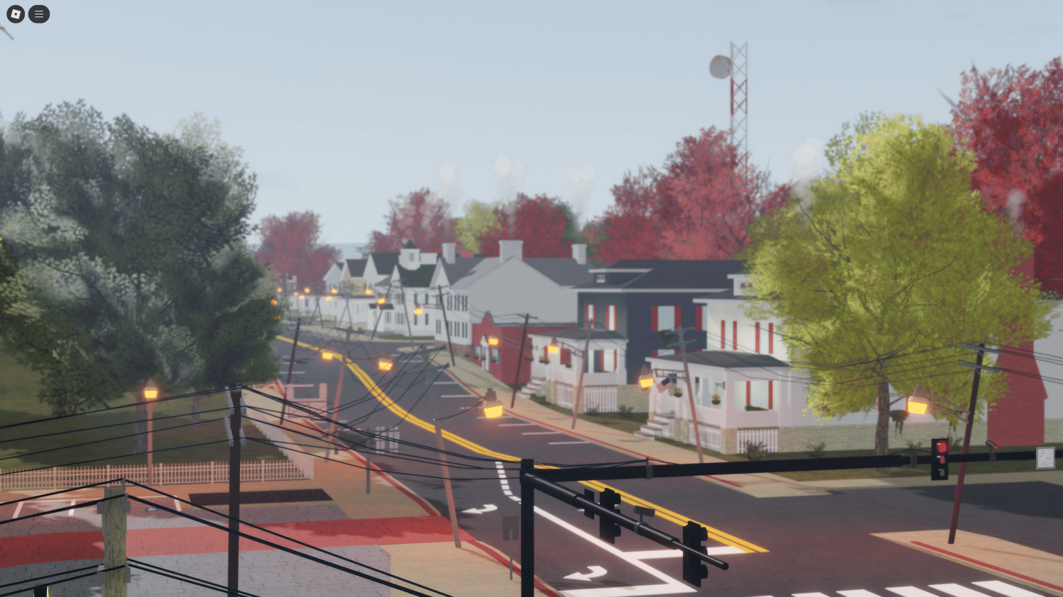 Overview of the Moorefield, West Virginia Roblox map featuring rural roads and a lively downtown area.