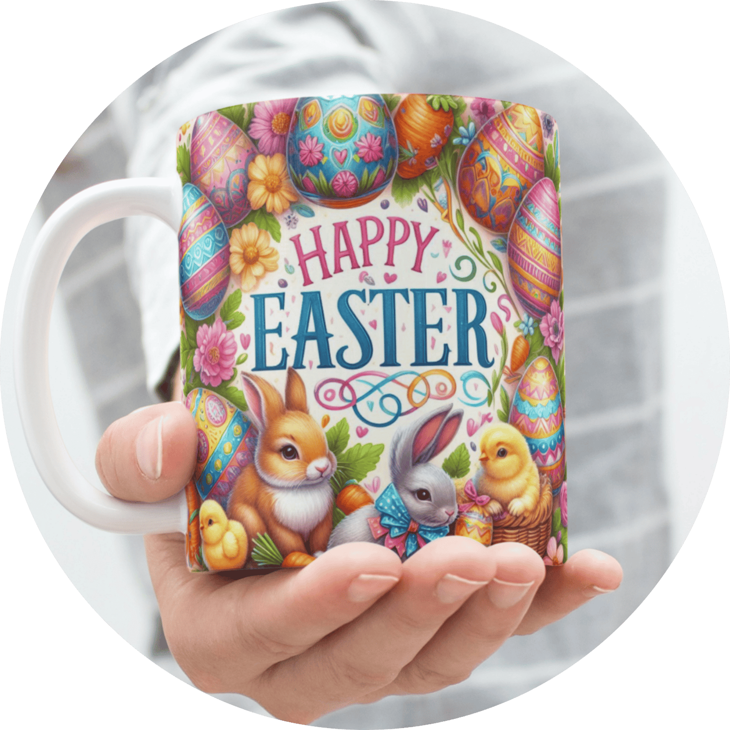 Festive Easter Sublimation Mug Wrap design featuring vibrant, holiday-themed elements. Perfect for creating custom Easter mugs with colorful, ready-to-print artwork.