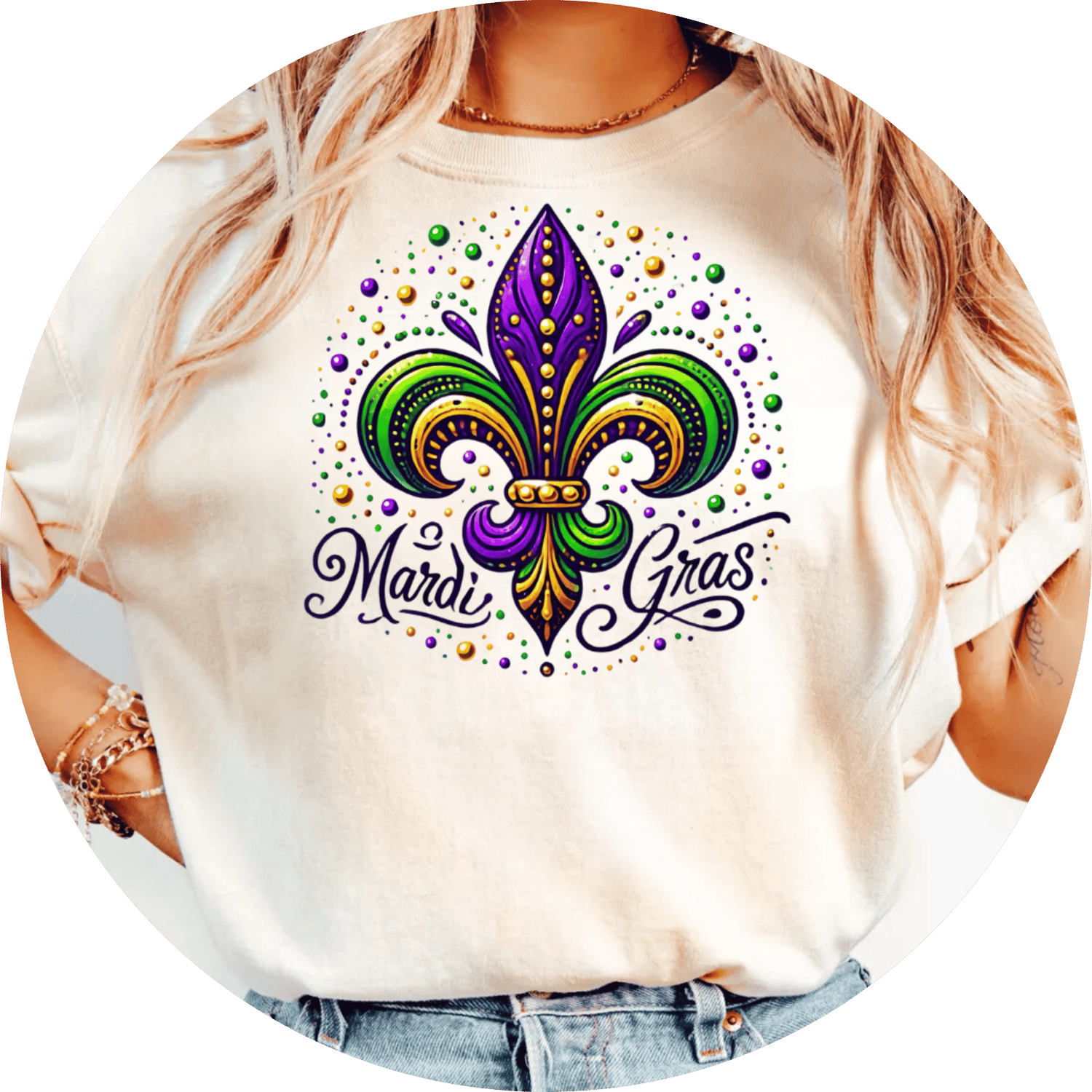 Colorful Mardi Gras Sublimation T-shirt design featuring festive elements like masks, beads, and vibrant patterns. Perfect for creating custom apparel celebrating Mardi Gras.